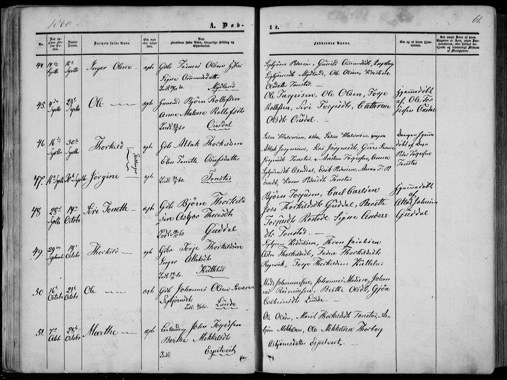 Sirdal sokneprestkontor, SAK/1111-0036/F/Fa/Fab/L0002: Parish register (official) no. A 2, 1855-1874, p. 61