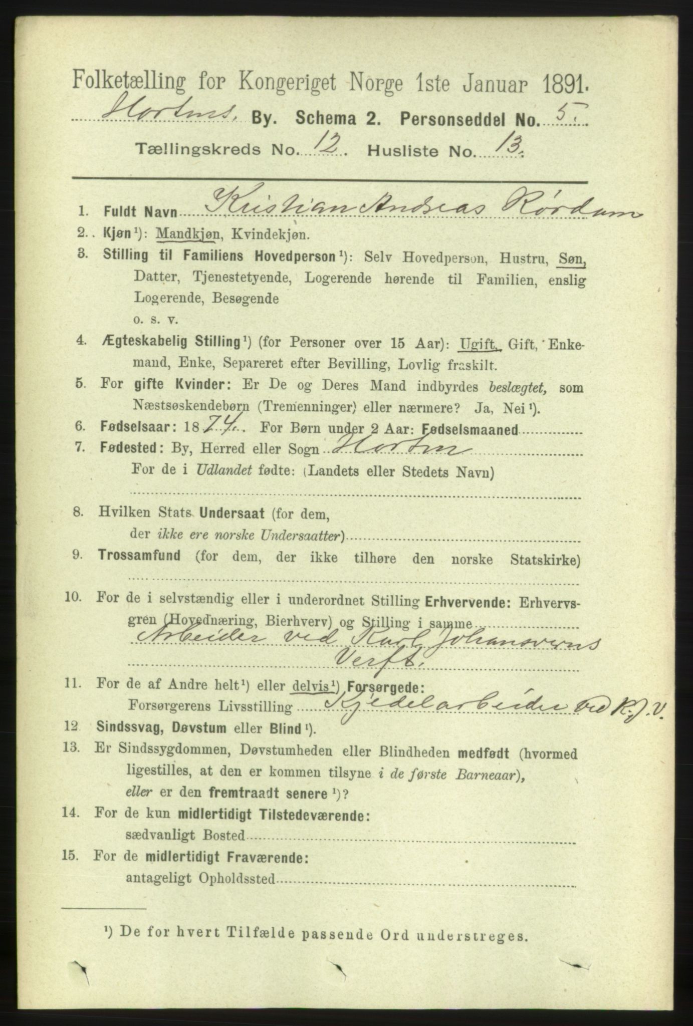 RA, 1891 census for 0703 Horten, 1891, p. 7479