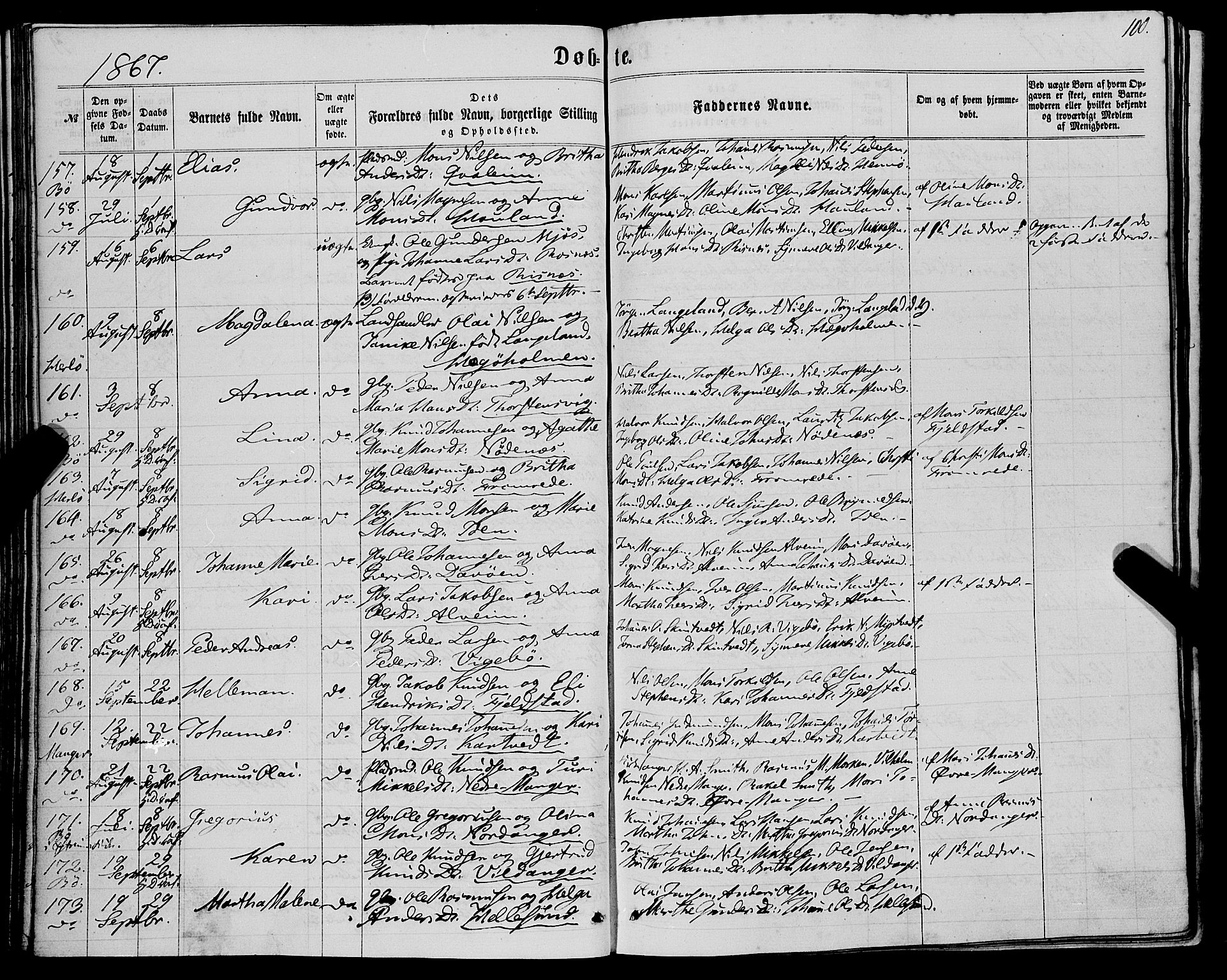 Manger sokneprestembete, AV/SAB-A-76801/H/Haa: Parish register (official) no. A 7, 1860-1870, p. 100