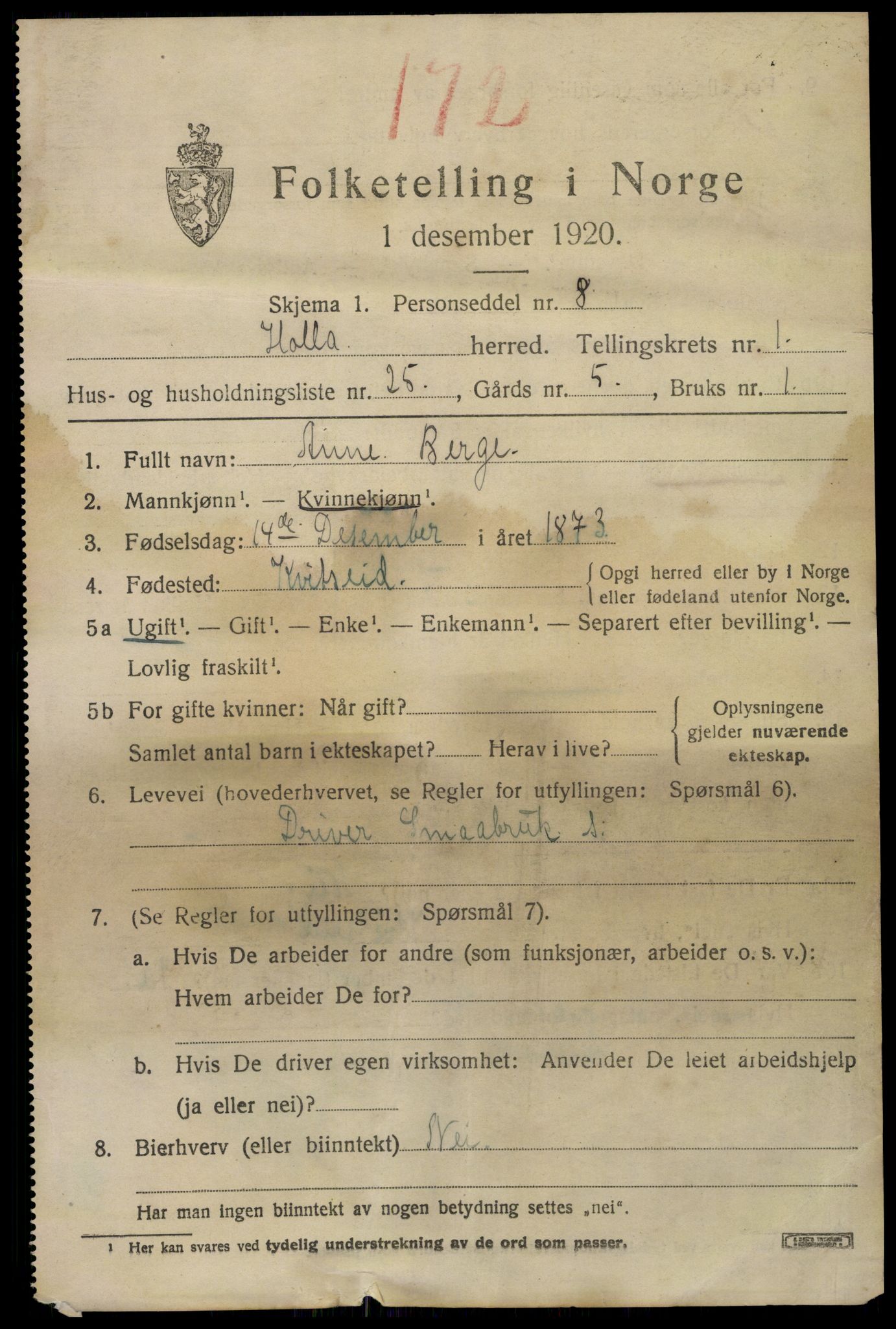 SAKO, 1920 census for Holla, 1920, p. 1621