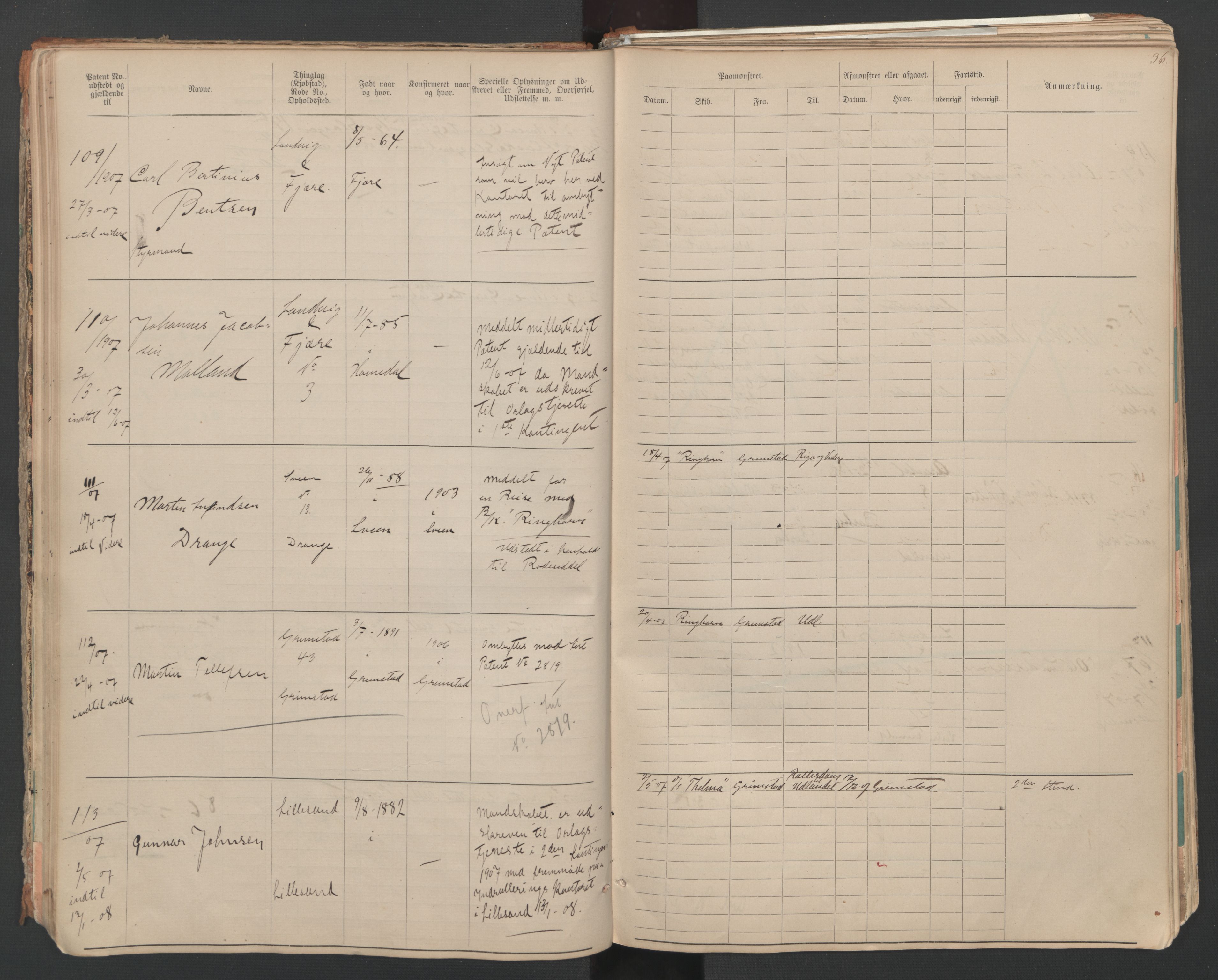 Grimstad mønstringskrets, SAK/2031-0013/F/Fa/L0007: Annotasjonsrulle nr 1-265 og hovedrulle B nr 1-160, V-20, 1894-1949, p. 36