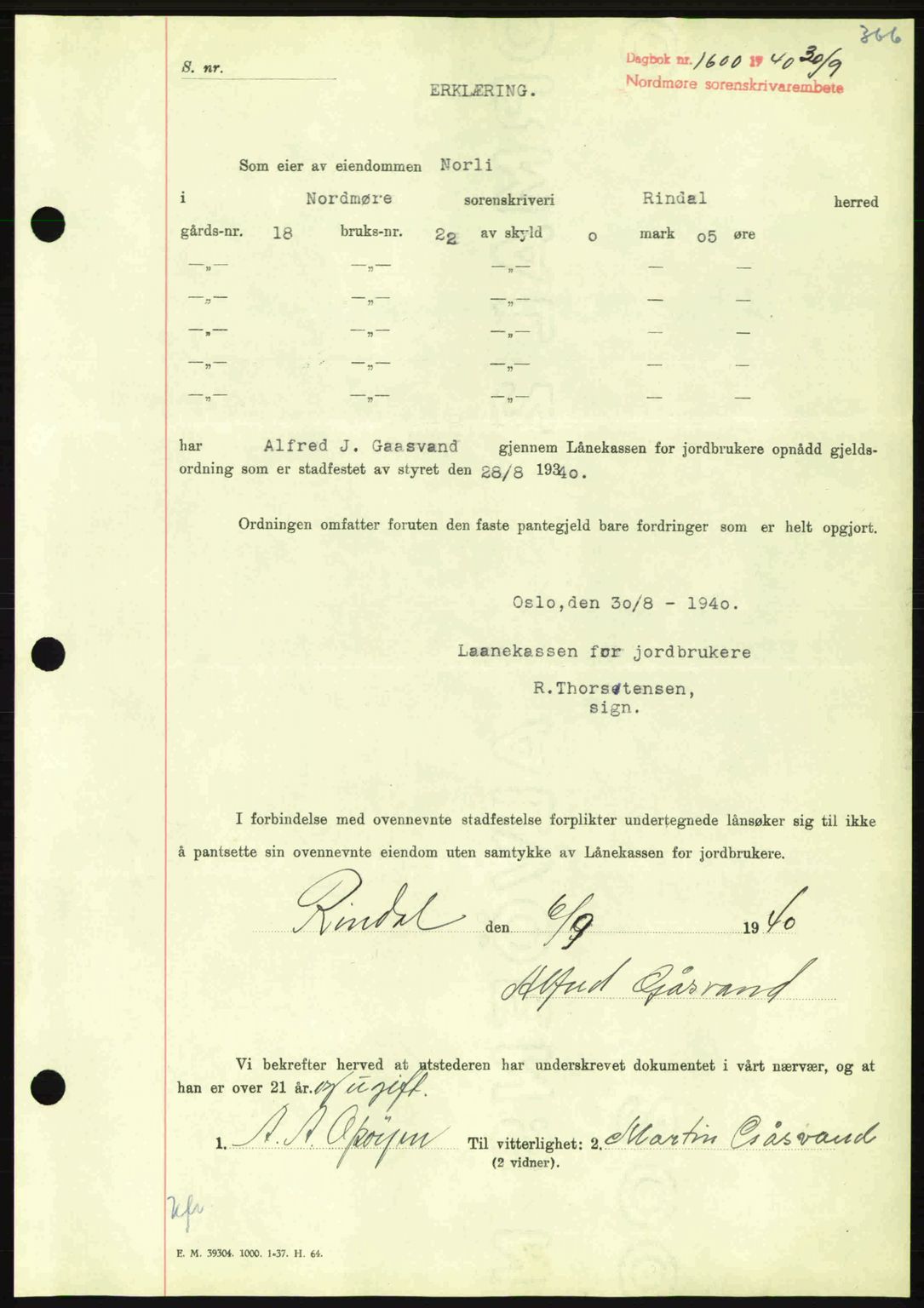 Nordmøre sorenskriveri, AV/SAT-A-4132/1/2/2Ca: Mortgage book no. B87, 1940-1941, Diary no: : 1600/1940