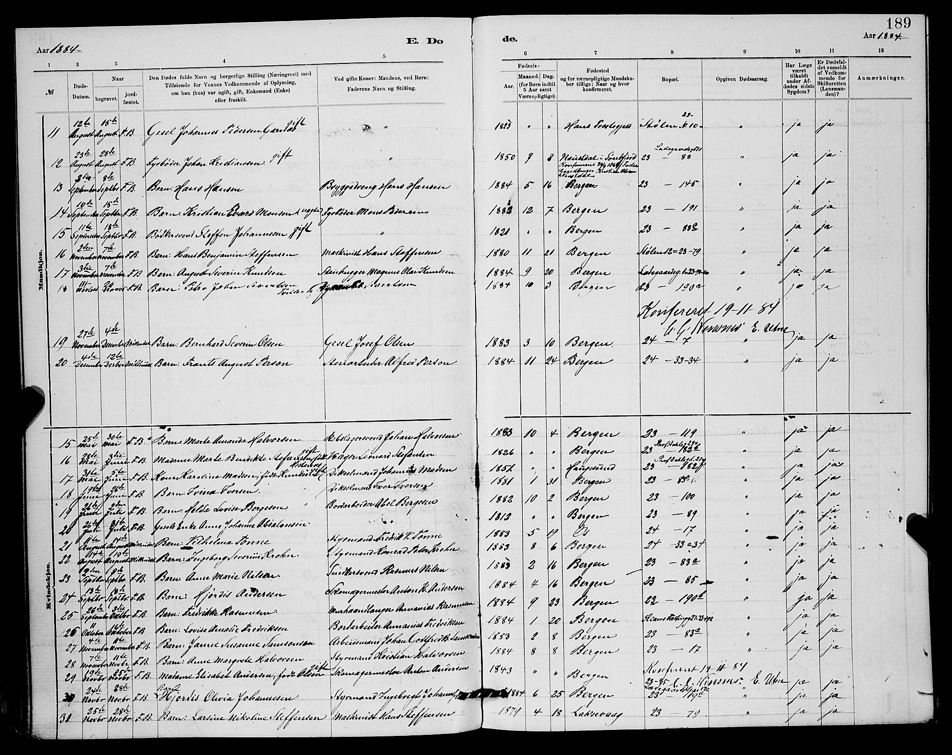 Mariakirken Sokneprestembete, SAB/A-76901/H/Hab/L0004: Parish register (copy) no. A 4, 1878-1892, p. 189