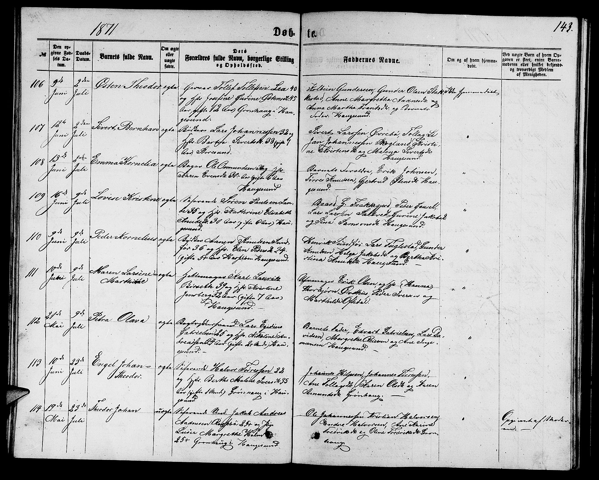 Torvastad sokneprestkontor, AV/SAST-A -101857/H/Ha/Hab/L0007: Parish register (copy) no. B 7, 1866-1873, p. 143