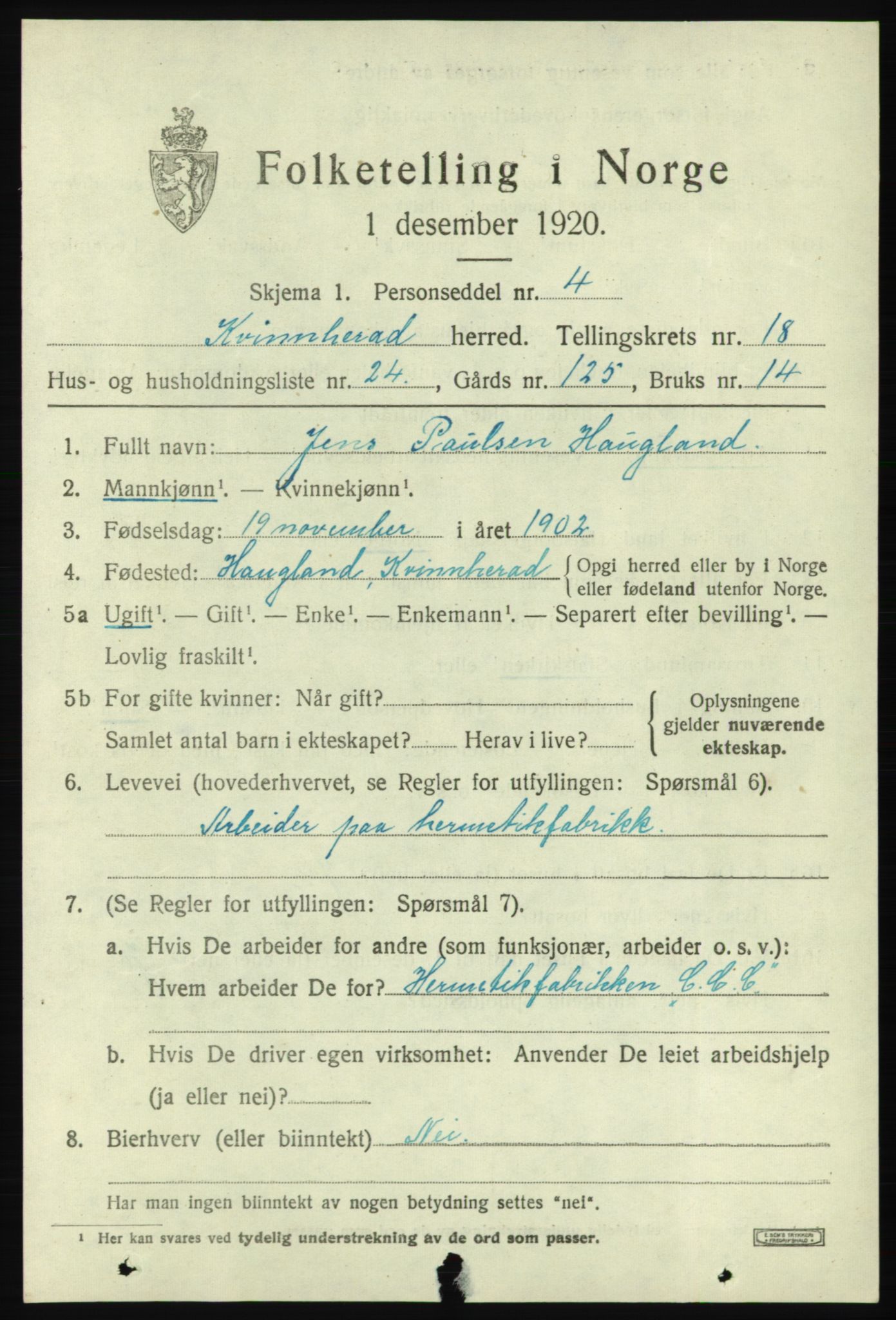 SAB, 1920 census for Kvinnherad, 1920, p. 11878