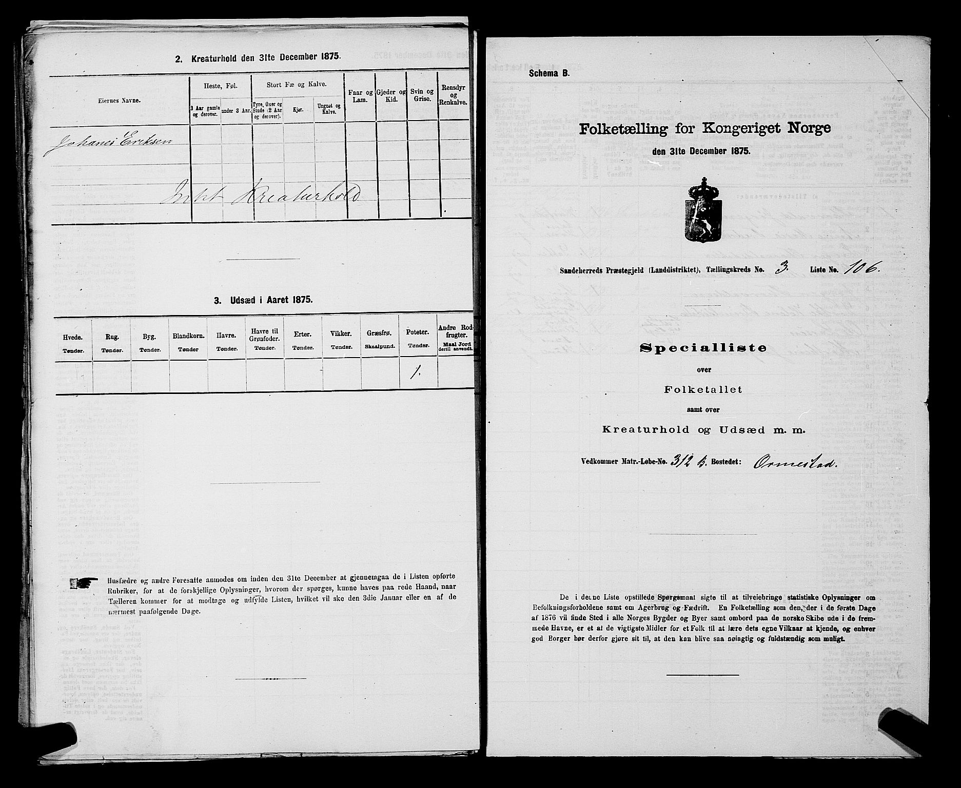 SAKO, 1875 census for 0724L Sandeherred/Sandeherred, 1875, p. 911