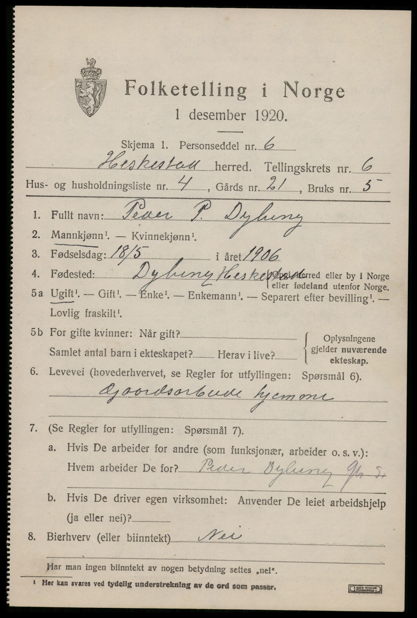 SAST, 1920 census for Heskestad, 1920, p. 2035