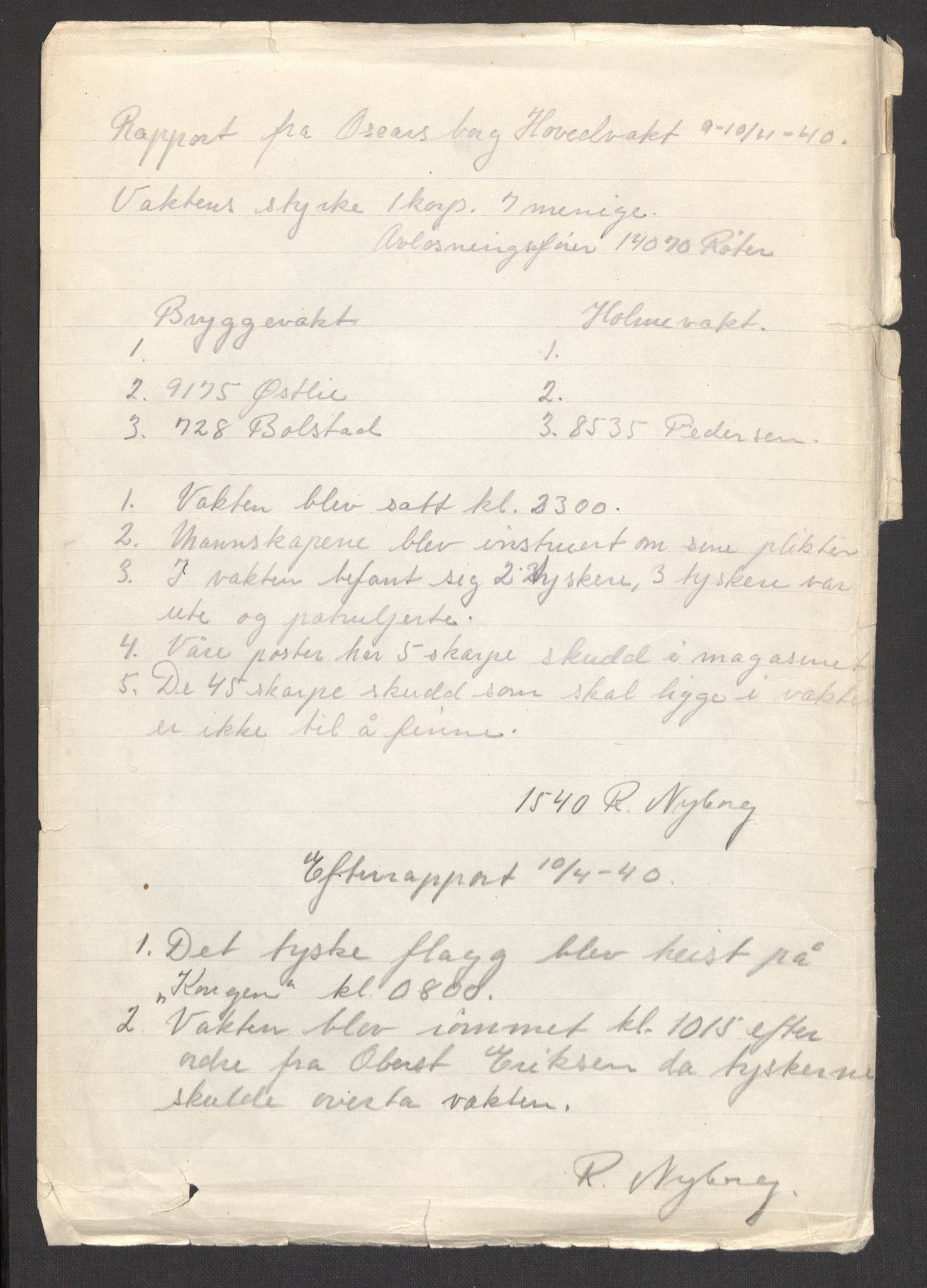 Forsvarsdepartementet, Oscarsborg festning, AV/RA-RAFA-4479/F/Fa/L0001: Vaktjournal (vedlagt 9 permisjonskort), 1940