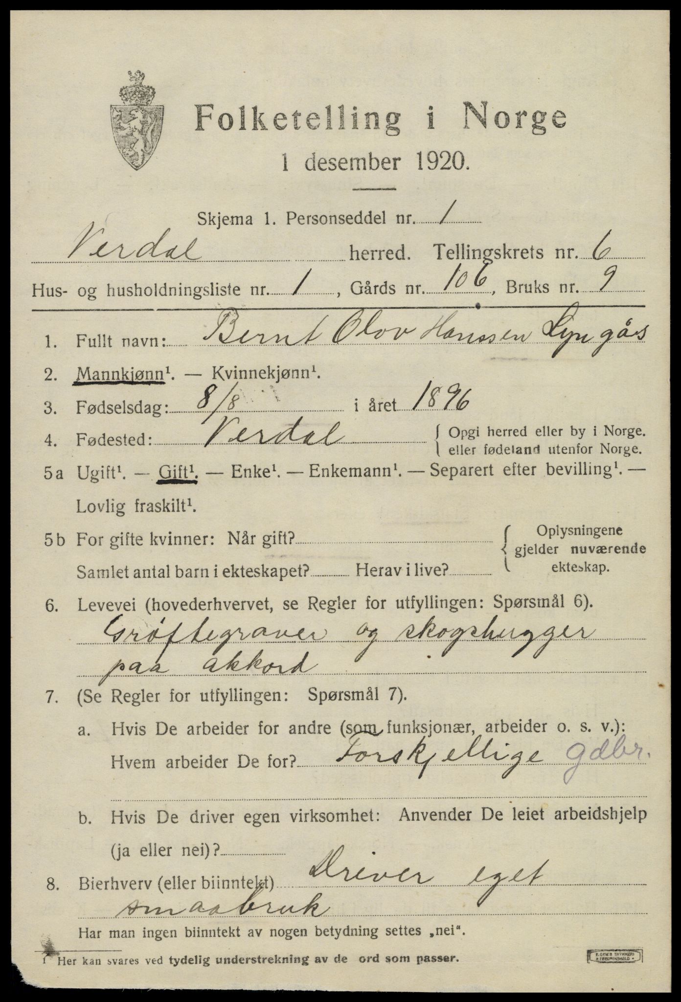 SAT, 1920 census for Verdal, 1920, p. 9185