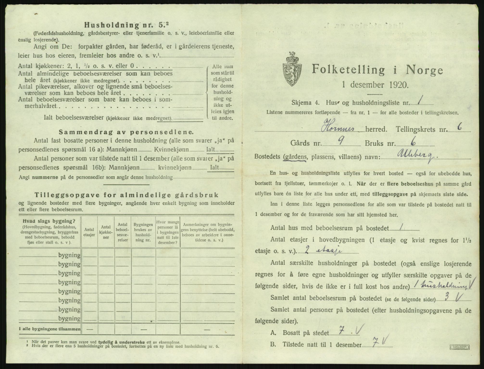 SAK, 1920 census for Hornnes, 1920, p. 245