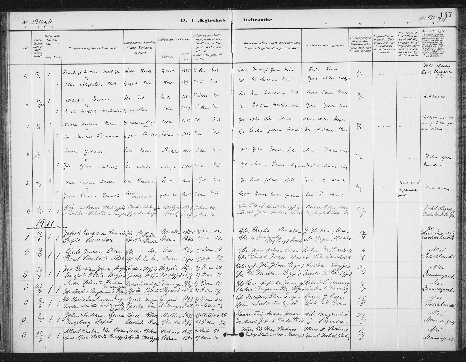 Ministerialprotokoller, klokkerbøker og fødselsregistre - Sør-Trøndelag, SAT/A-1456/658/L0723: Parish register (official) no. 658A02, 1897-1912, p. 147