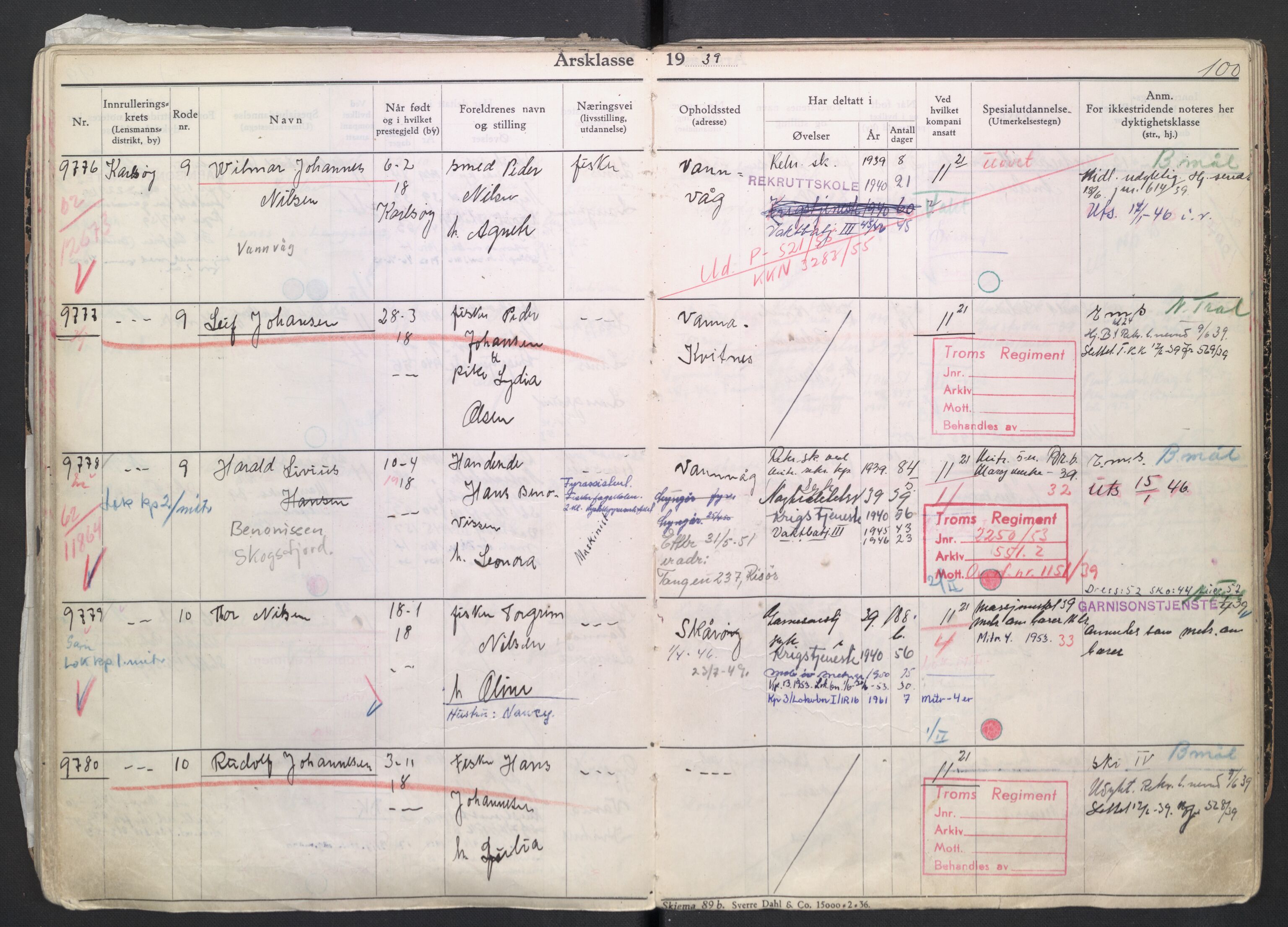 Forsvaret, Troms infanteriregiment nr. 16, AV/RA-RAFA-3146/P/Pa/L0007/0004: Ruller / Rulle for regimentets menige mannskaper, årsklasse 1939, 1939, p. 100