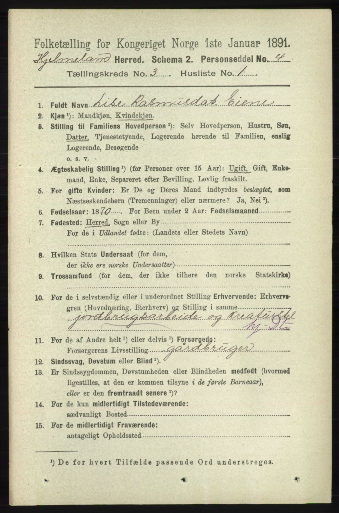 RA, 1891 census for 1133 Hjelmeland, 1891, p. 740