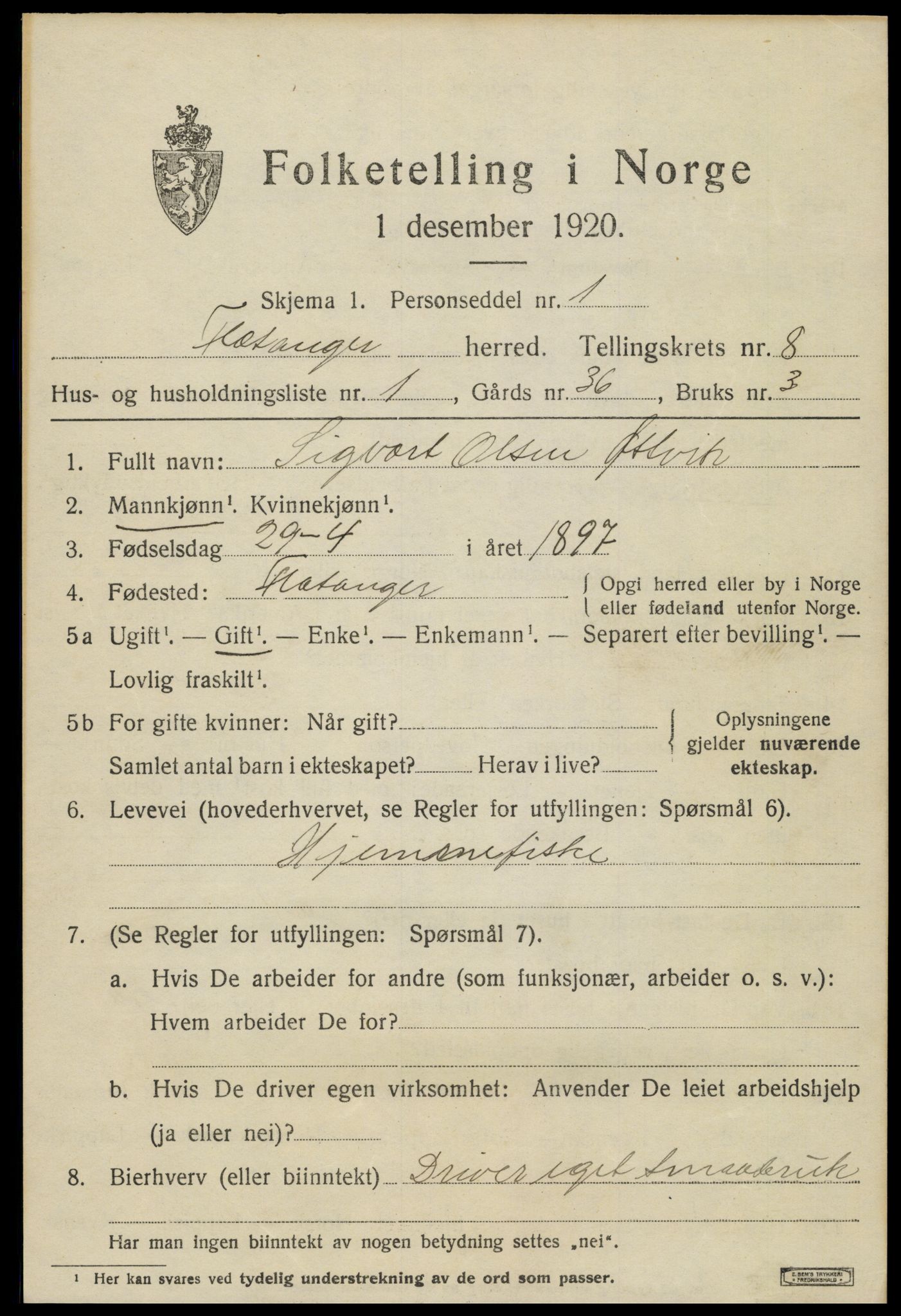 SAT, 1920 census for Flatanger, 1920, p. 3660