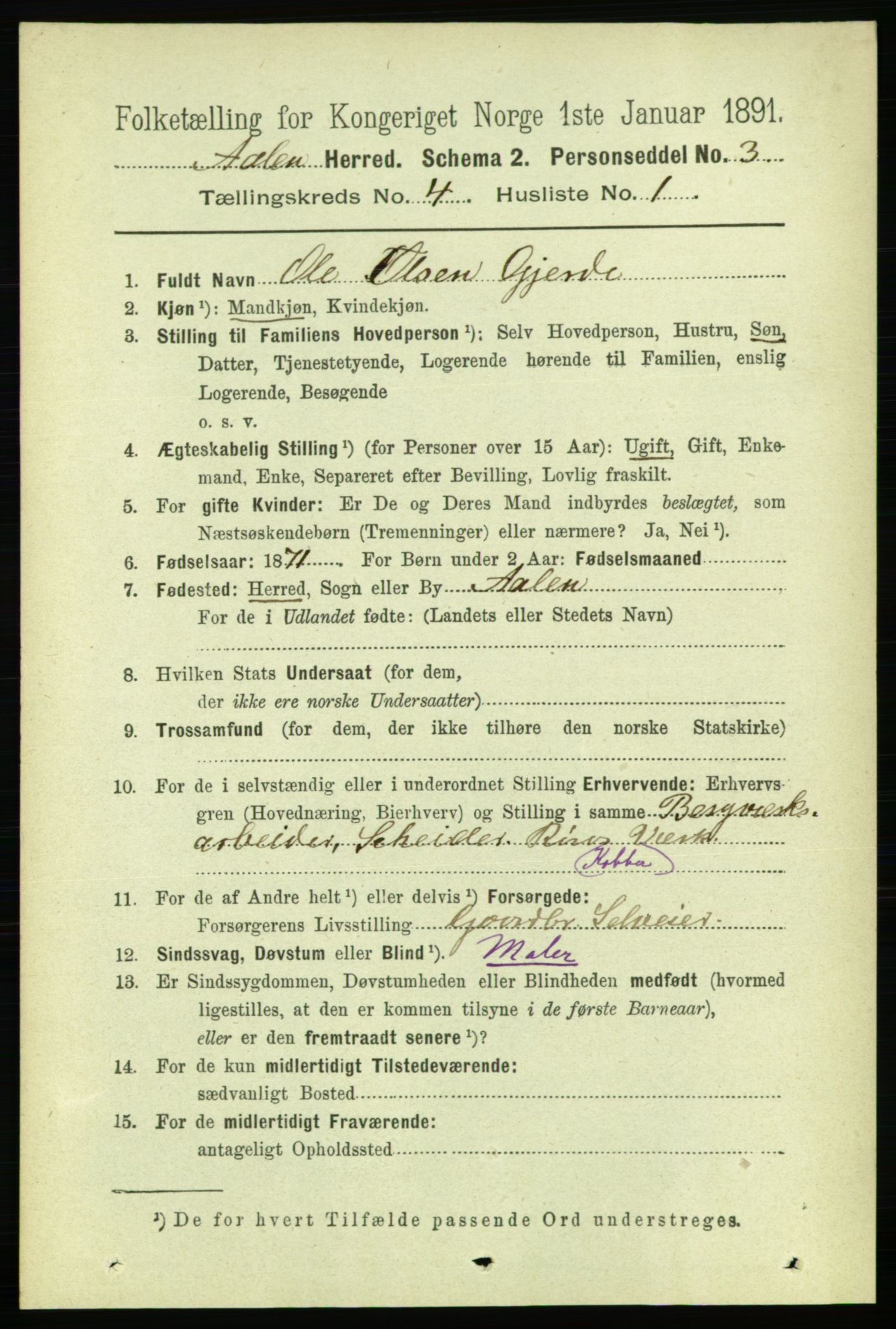 RA, 1891 census for 1644 Ålen, 1891, p. 1168