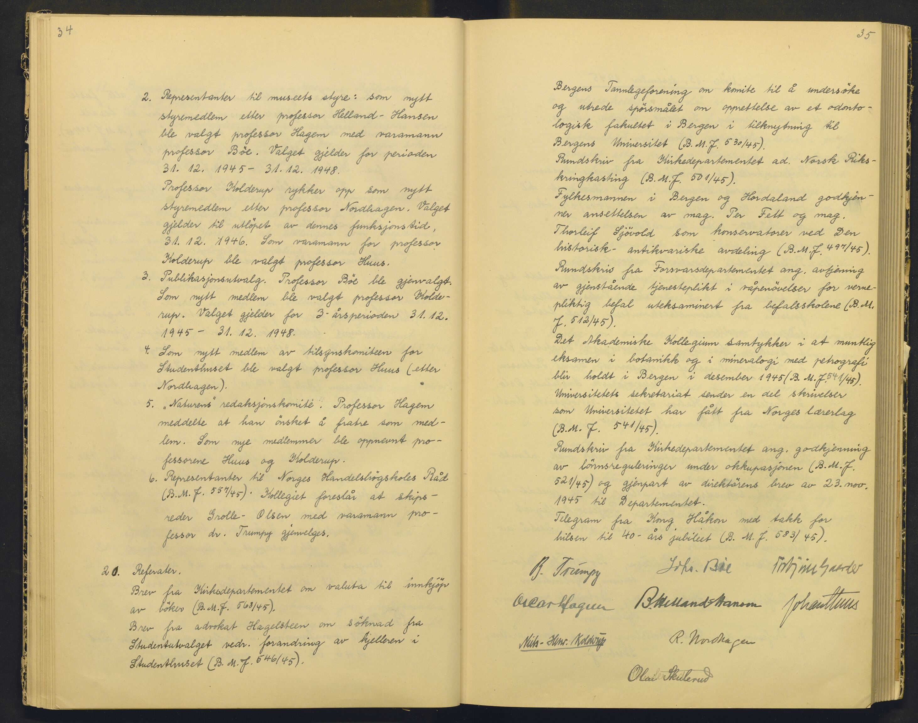 Bergens Museum, AV/SAB-A-17301/18/A/L0004: Professorkollegiets møtebok med register , 1945-1949, p. 34-35