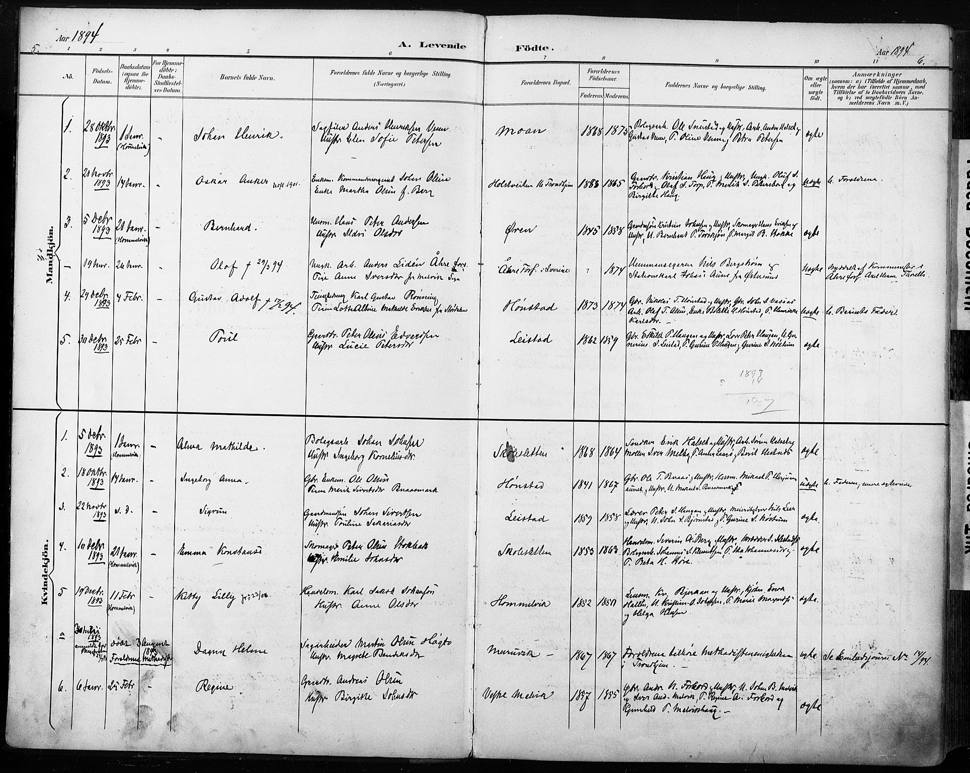 Ministerialprotokoller, klokkerbøker og fødselsregistre - Sør-Trøndelag, AV/SAT-A-1456/616/L0411: Parish register (official) no. 616A08, 1894-1906, p. 5-6