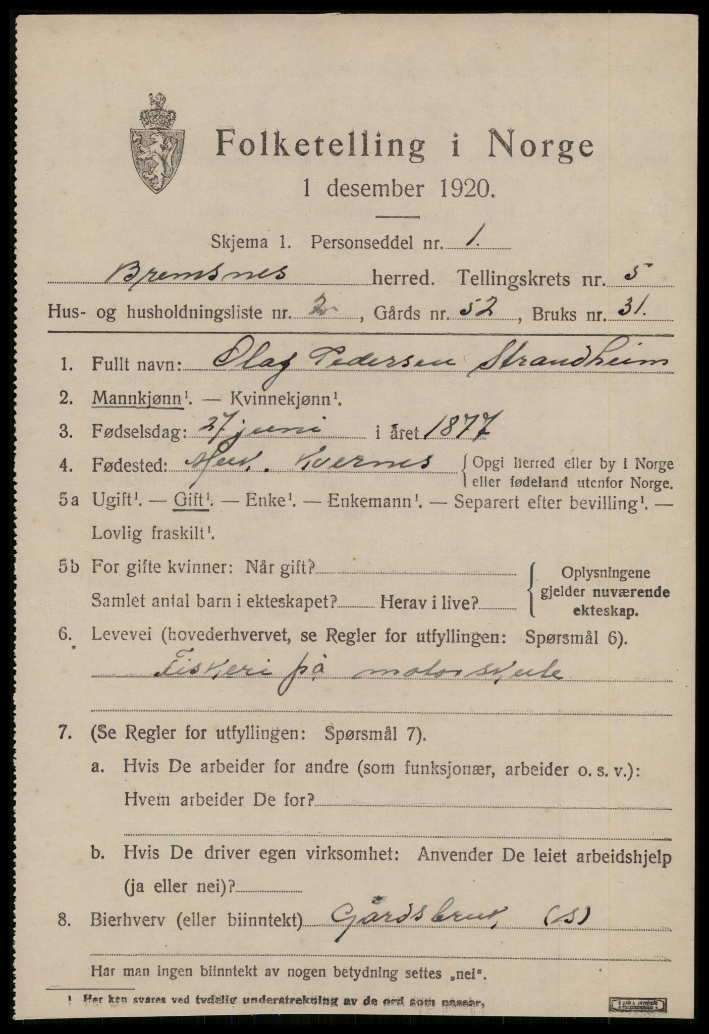 SAT, 1920 census for Bremsnes, 1920, p. 4375