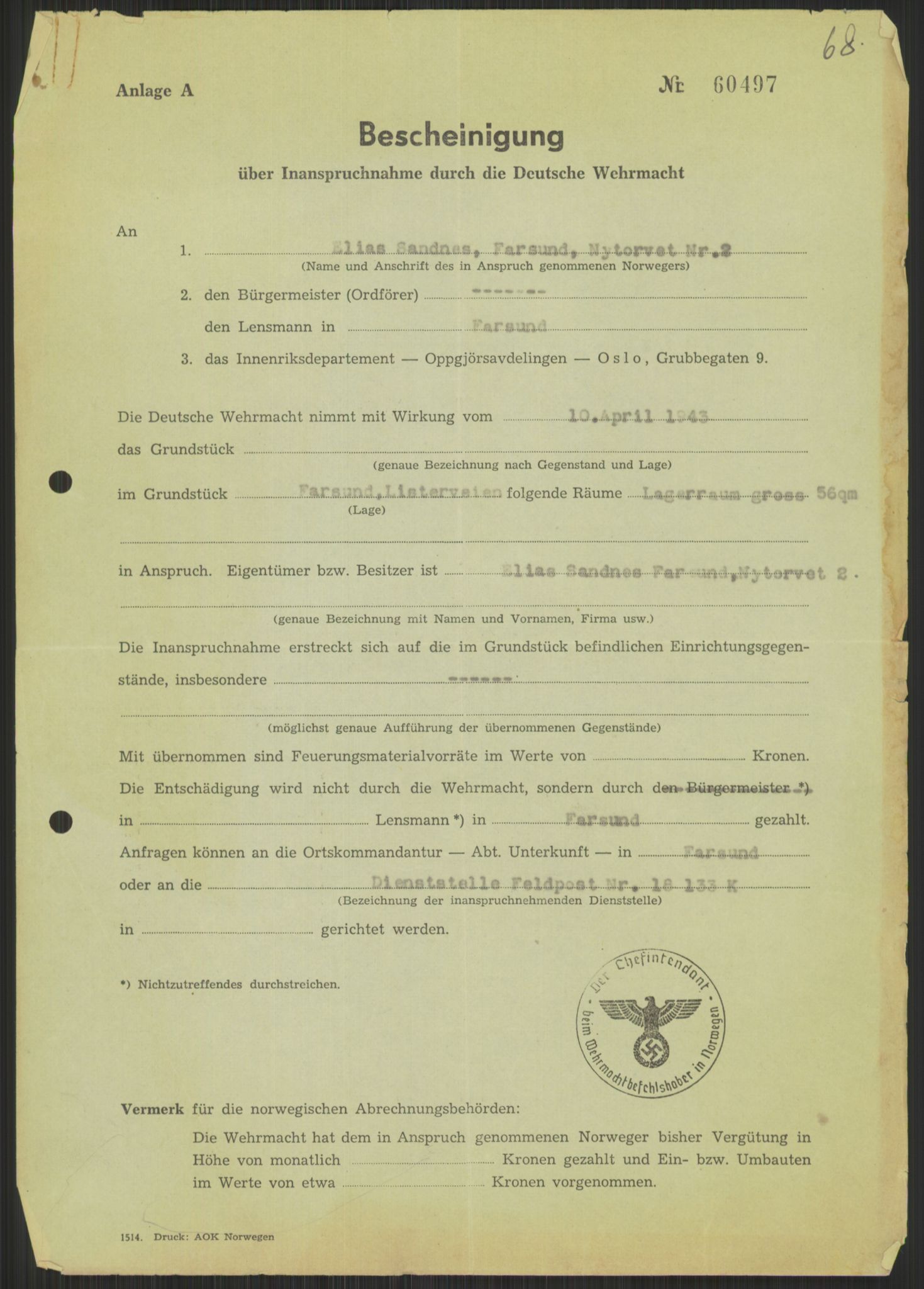 Forsvarsdepartementet, 10. kontor / Oppgjørskontoret, AV/RA-RAFA-1225/D/Db/L0176: Lista oppgjørskontor: Tyske beslagleggelser, 1941-1945, p. 5