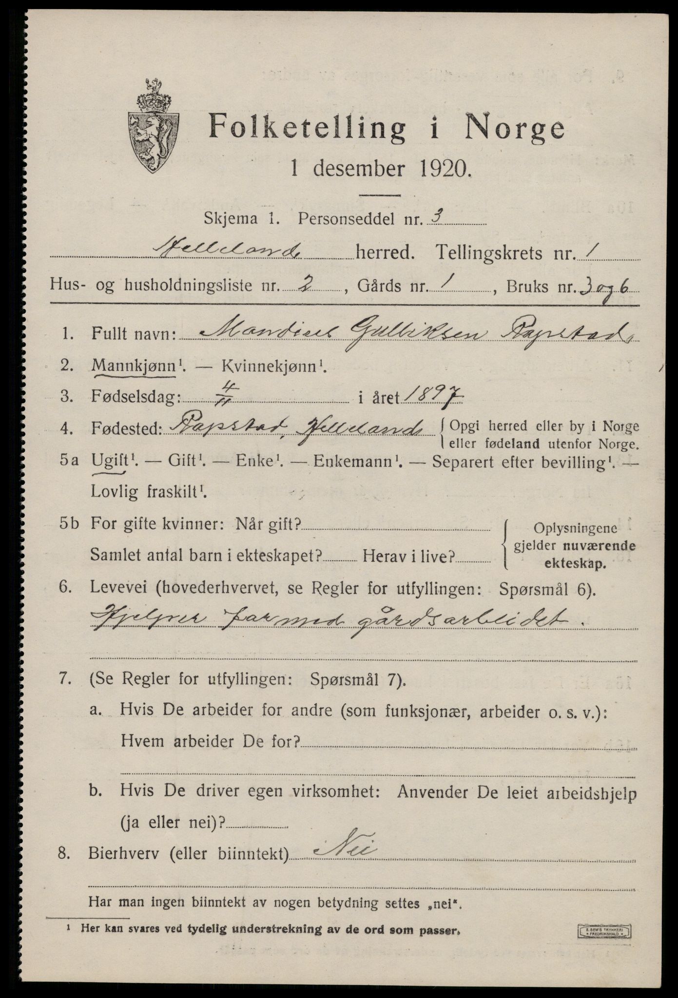 SAST, 1920 census for Helleland, 1920, p. 427