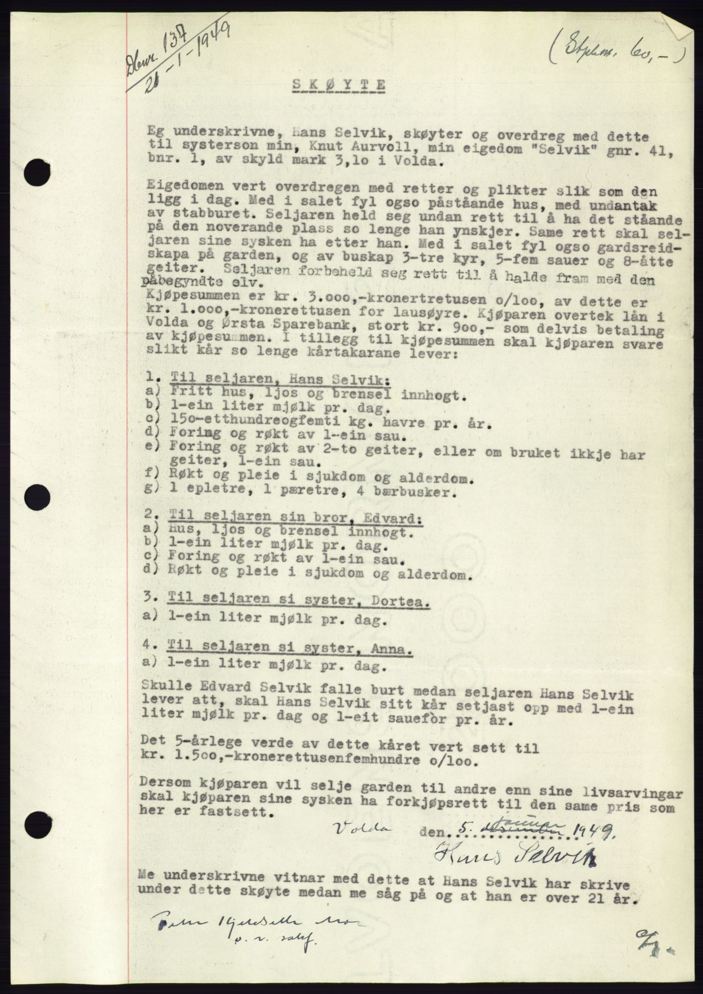 Søre Sunnmøre sorenskriveri, AV/SAT-A-4122/1/2/2C/L0083: Mortgage book no. 9A, 1948-1949, Diary no: : 137/1949