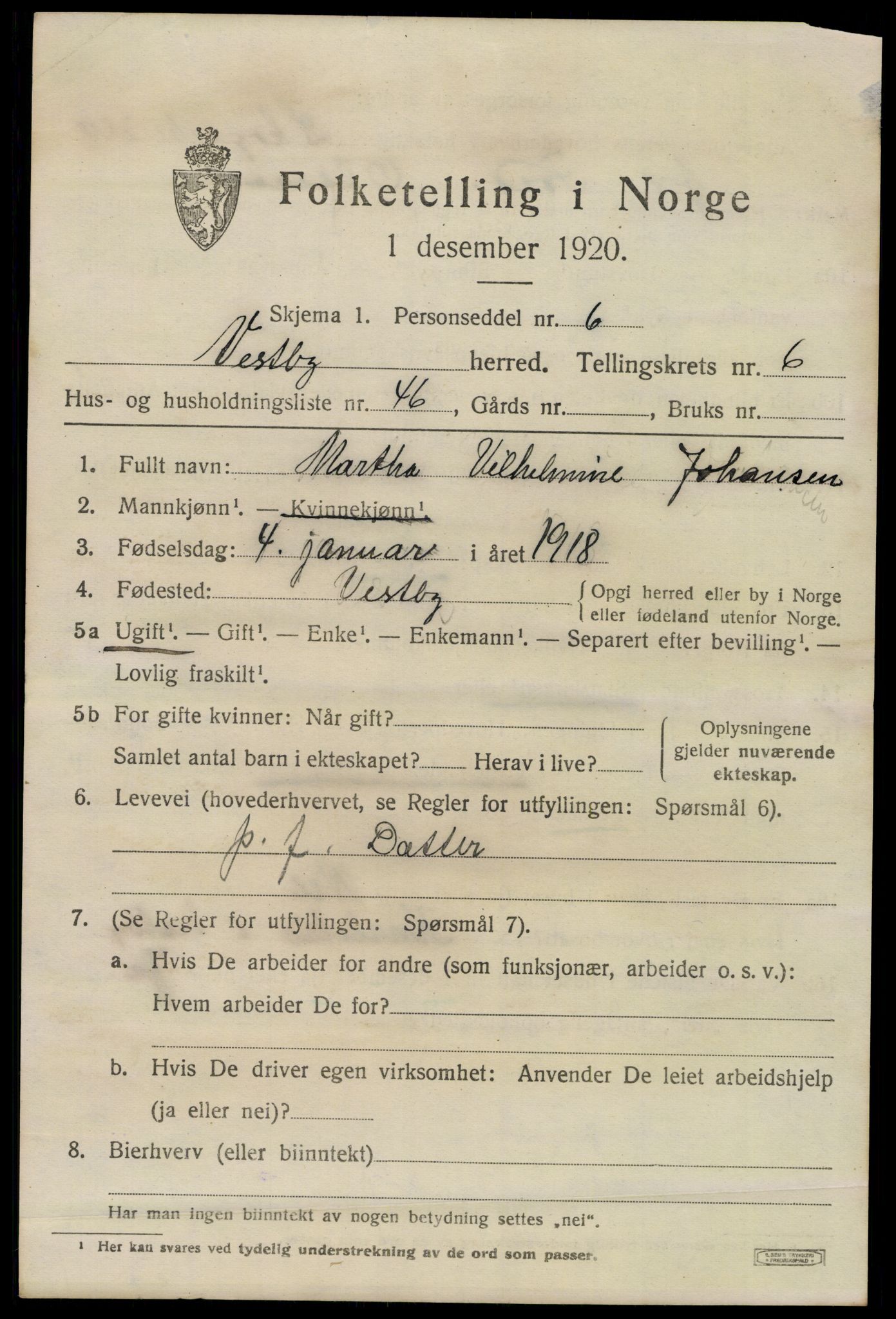 SAO, 1920 census for Vestby, 1920, p. 7283