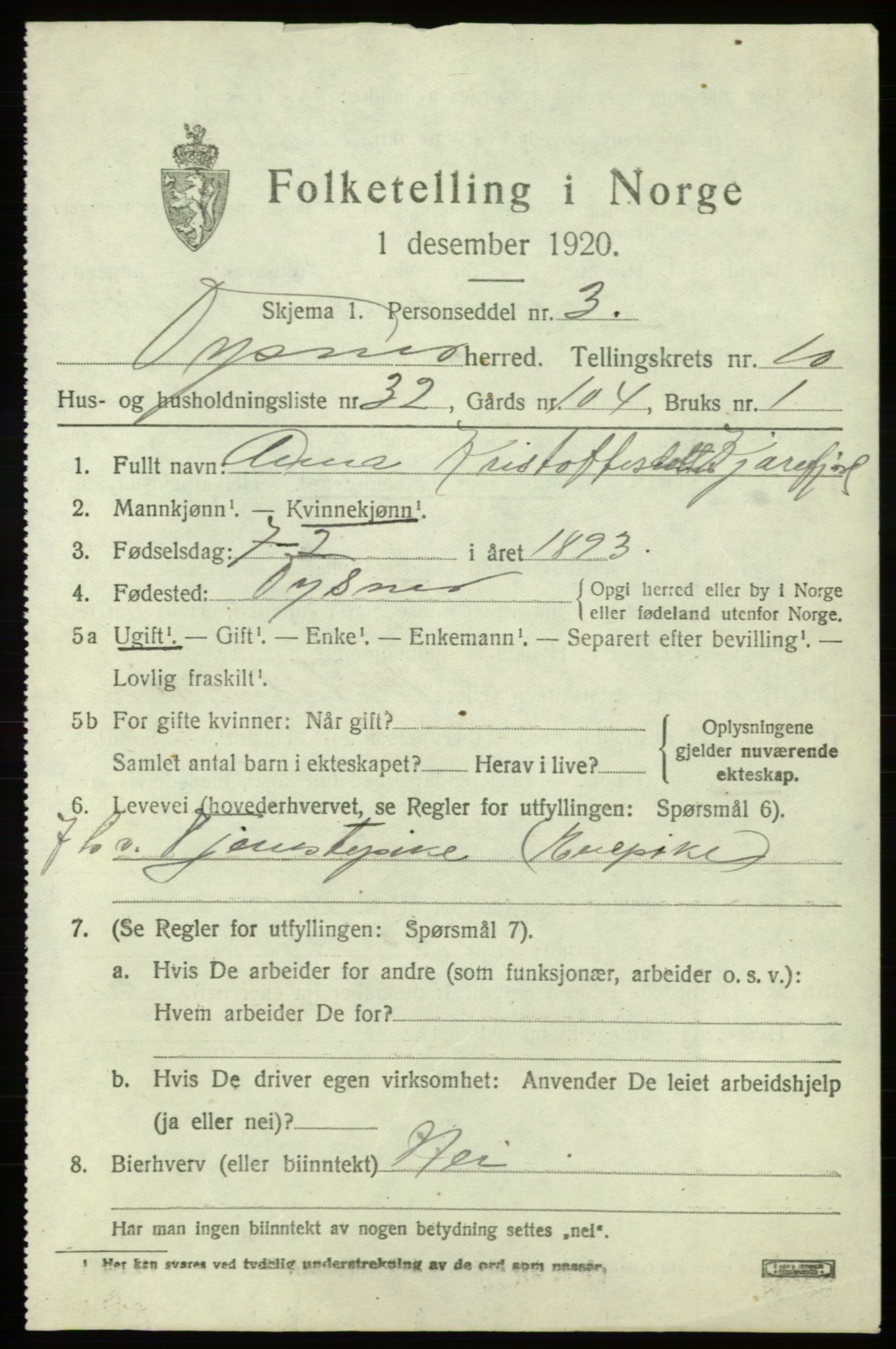 SAB, 1920 census for Tysnes, 1920, p. 7490