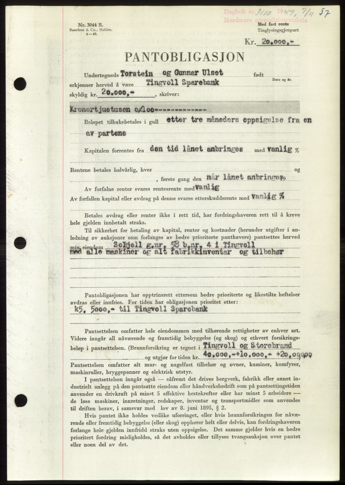 Nordmøre sorenskriveri, AV/SAT-A-4132/1/2/2Ca: Mortgage book no. B103, 1949-1950, Diary no: : 3110/1949