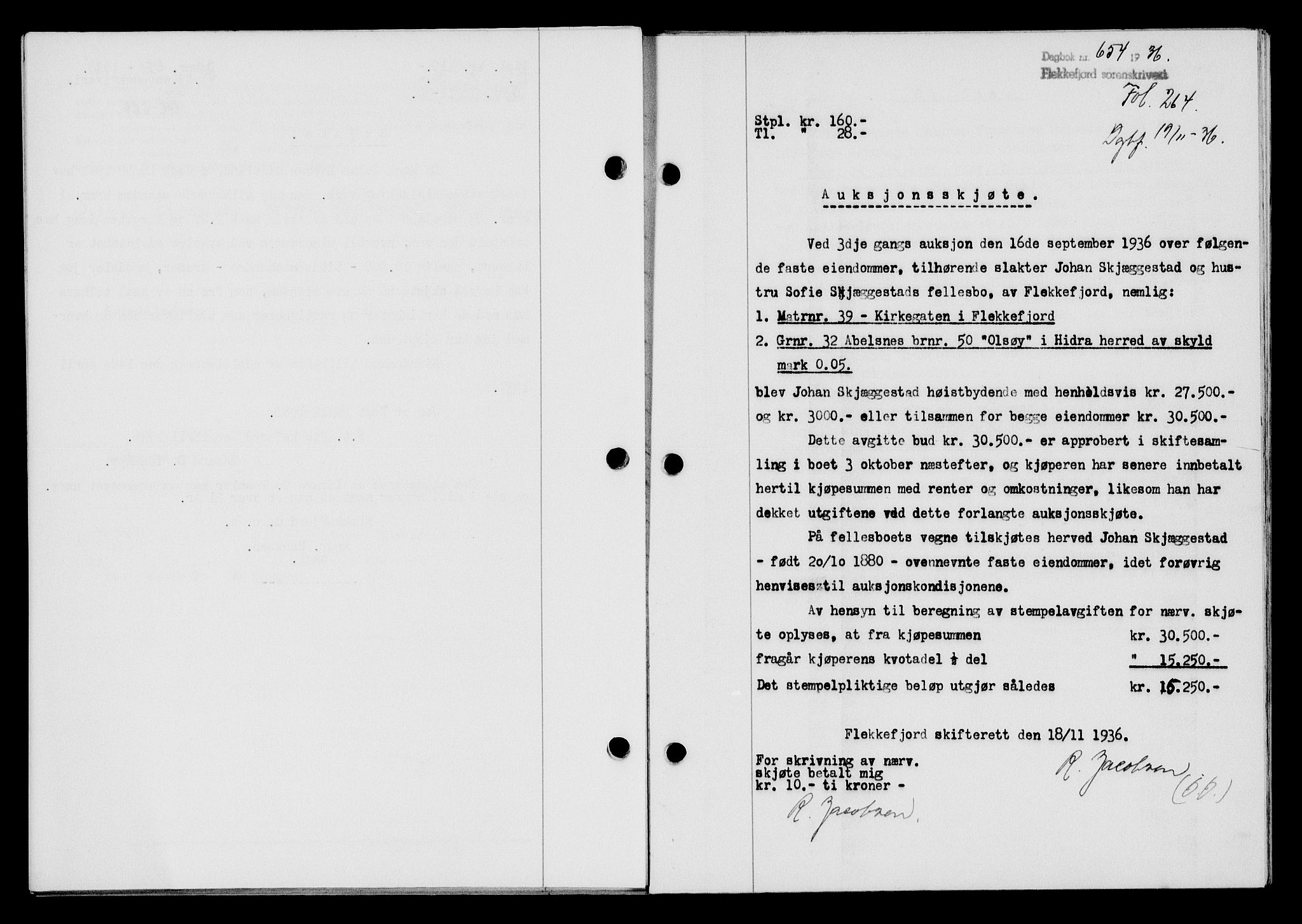 Flekkefjord sorenskriveri, SAK/1221-0001/G/Gb/Gba/L0053: Mortgage book no. A-1, 1936-1937, Diary no: : 654/1936