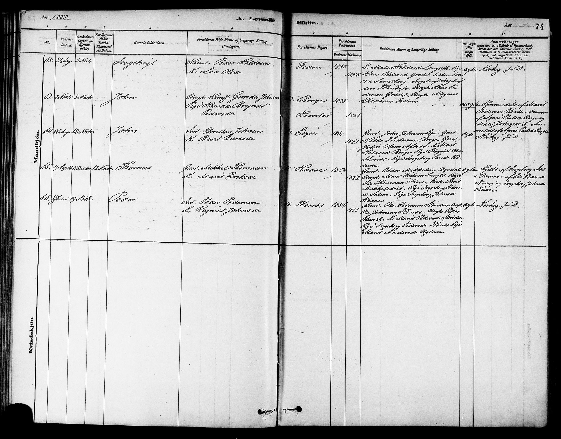 Ministerialprotokoller, klokkerbøker og fødselsregistre - Sør-Trøndelag, AV/SAT-A-1456/695/L1148: Parish register (official) no. 695A08, 1878-1891, p. 74