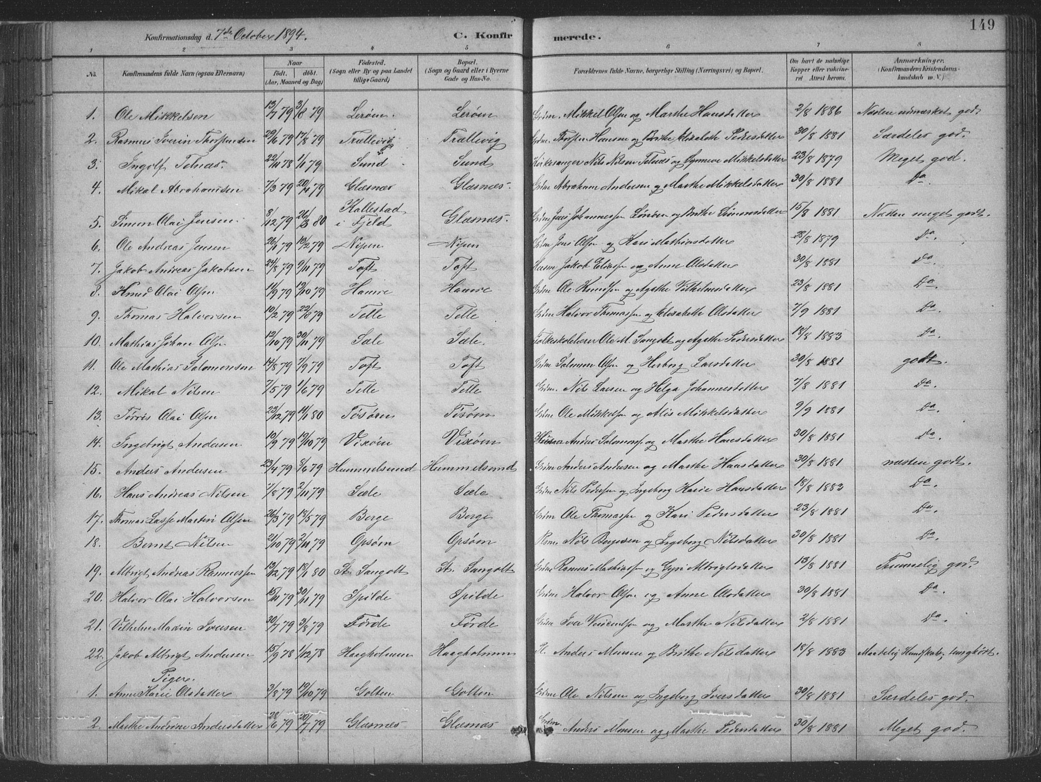 Sund sokneprestembete, SAB/A-99930: Parish register (copy) no. B 3, 1882-1911, p. 149