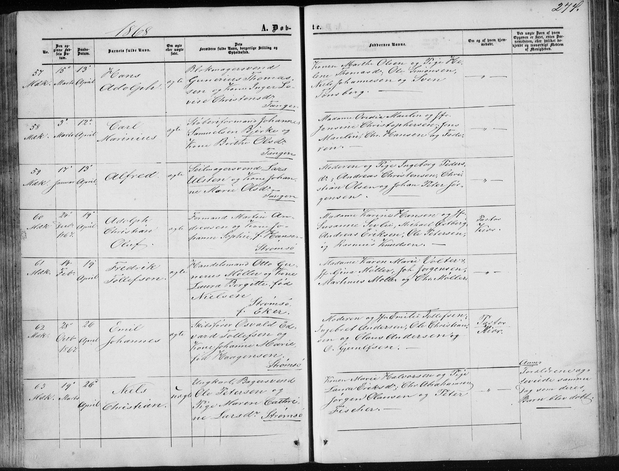 Strømsø kirkebøker, AV/SAKO-A-246/F/Fa/L0015: Parish register (official) no. I 15, 1859-1868, p. 274