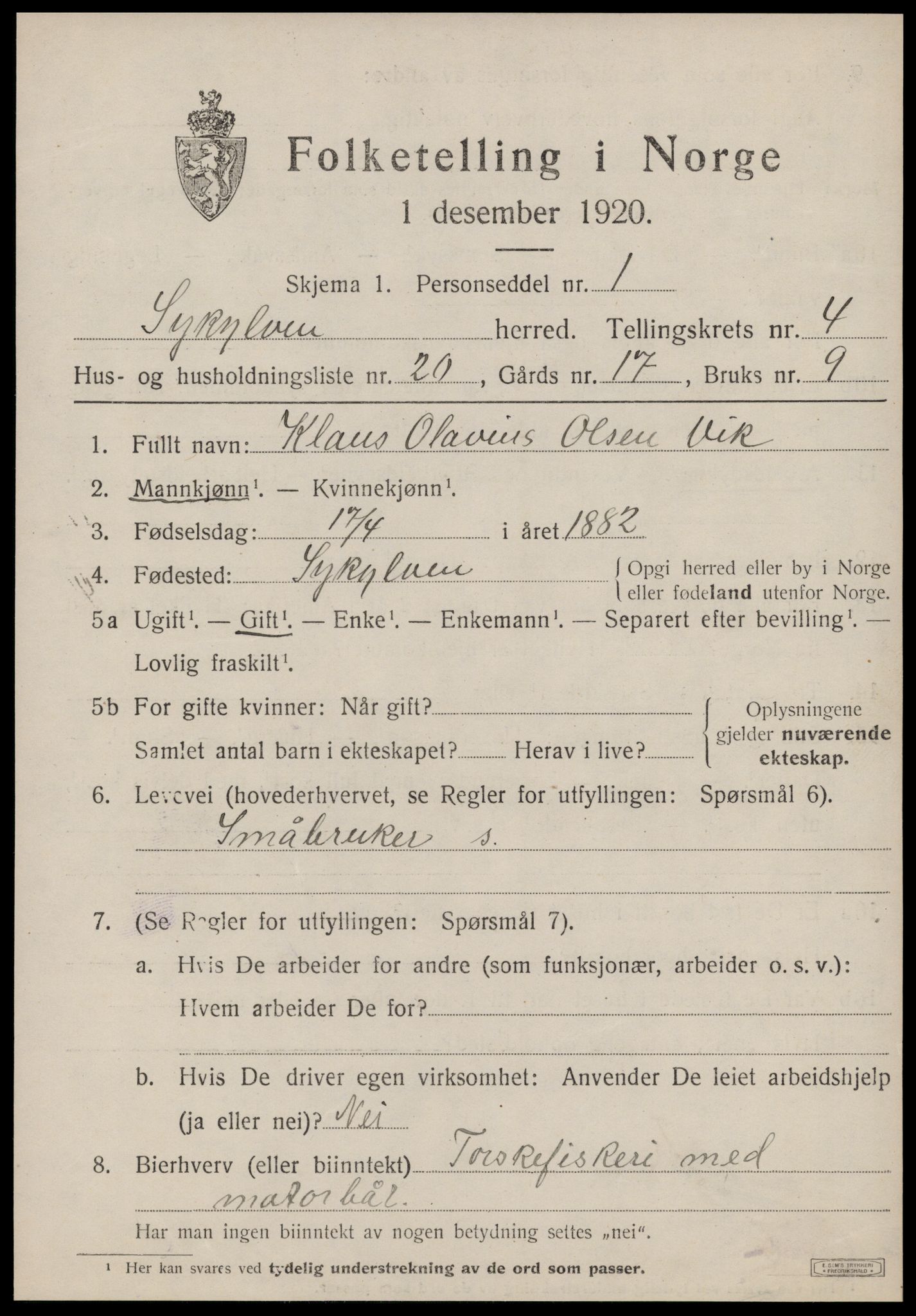 SAT, 1920 census for Sykkylven, 1920, p. 3037