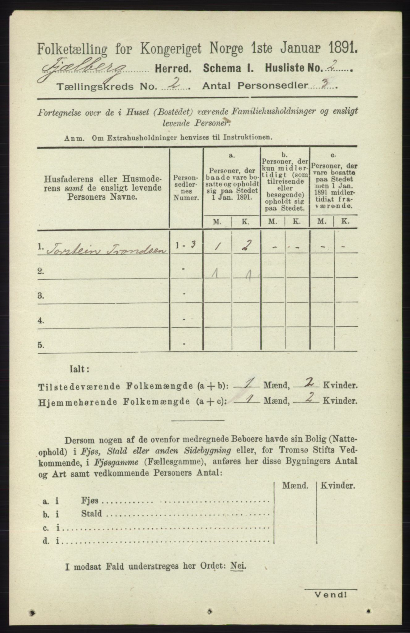 RA, 1891 census for 1213 Fjelberg, 1891, p. 460