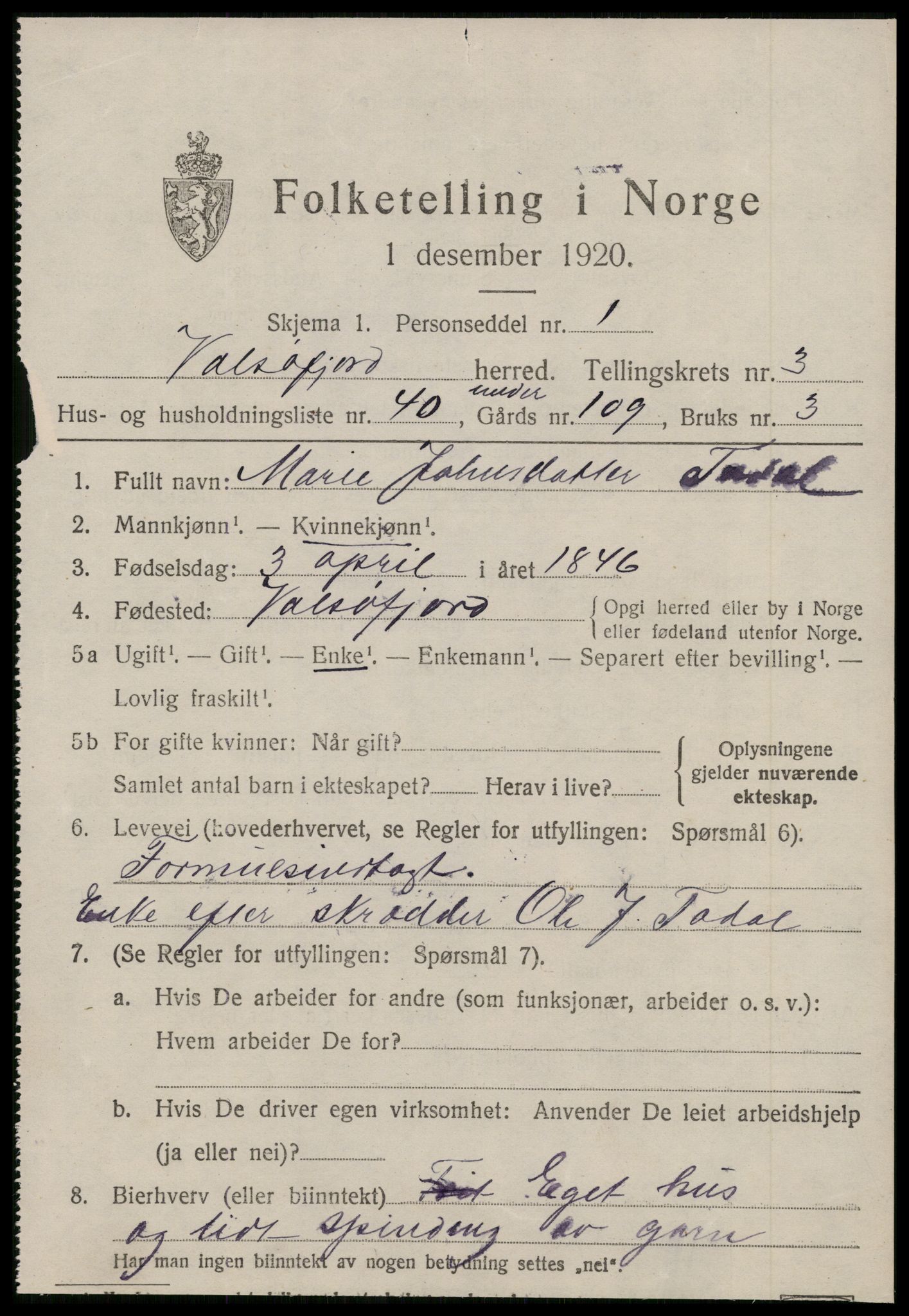 SAT, 1920 census for Valsøyfjord, 1920, p. 1517