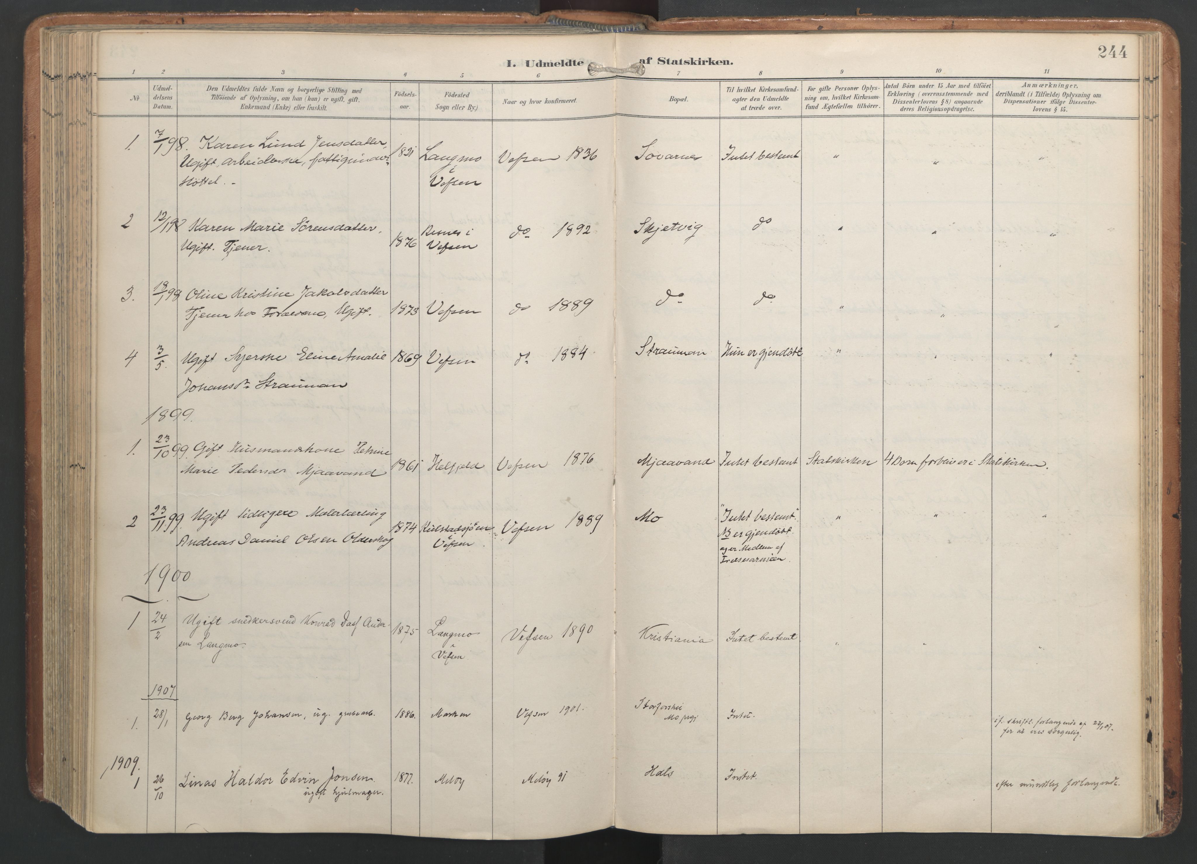 Ministerialprotokoller, klokkerbøker og fødselsregistre - Nordland, AV/SAT-A-1459/820/L0298: Parish register (official) no. 820A19, 1897-1915, p. 244