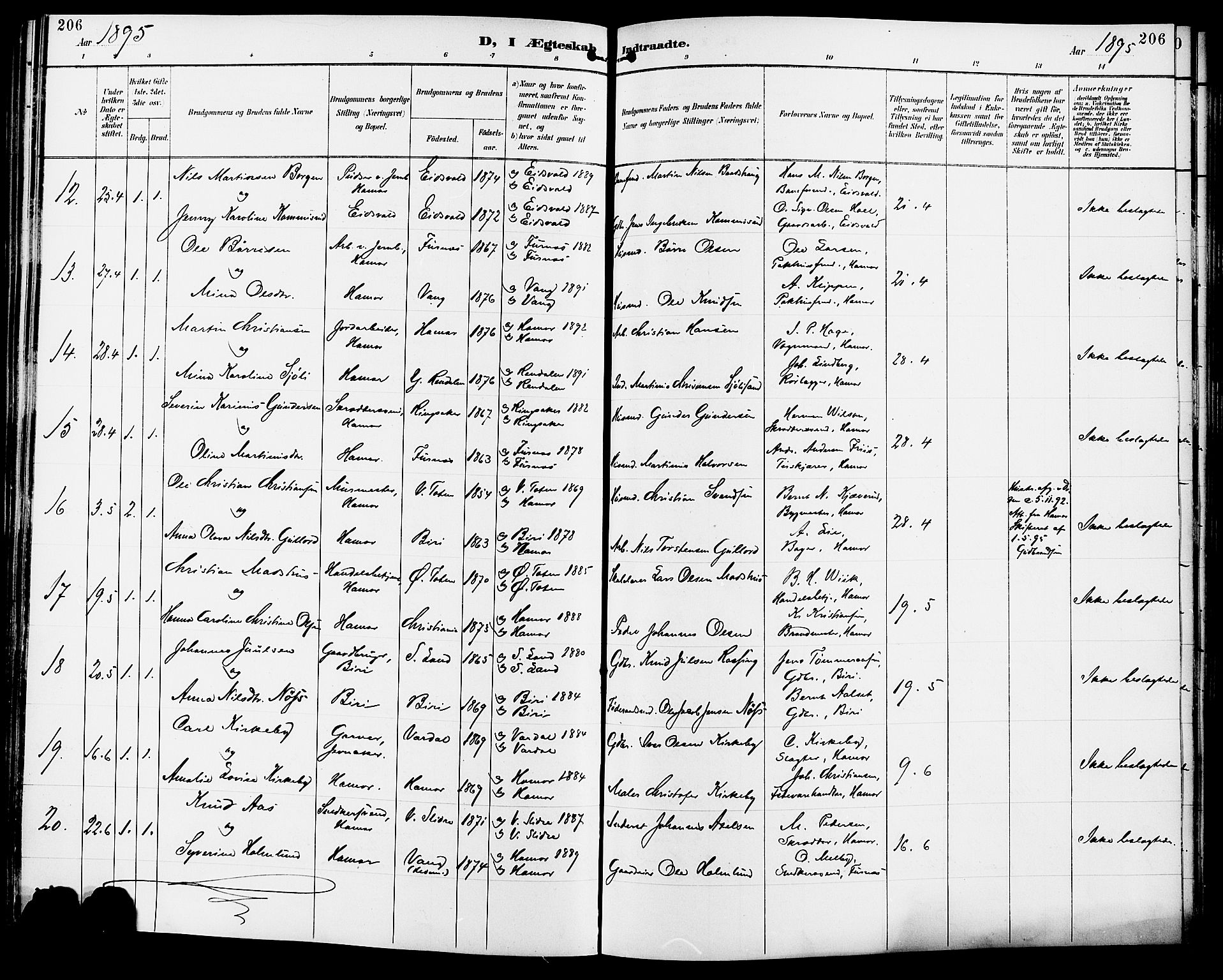 Vang prestekontor, Hedmark, AV/SAH-PREST-008/H/Ha/Haa/L0017: Parish register (official) no. 17, 1890-1899, p. 206