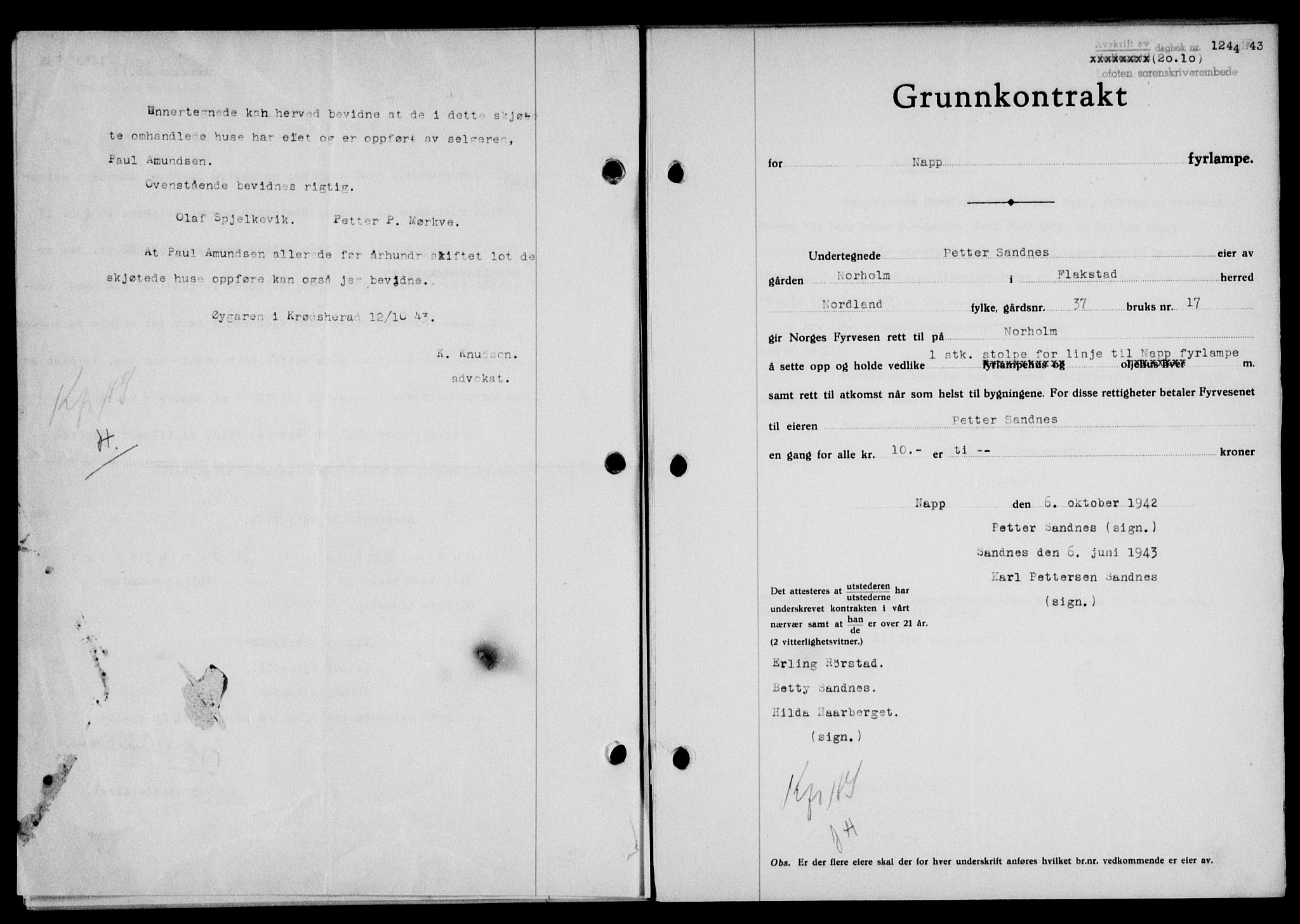 Lofoten sorenskriveri, SAT/A-0017/1/2/2C/L0011a: Mortgage book no. 11a, 1943-1943, Diary no: : 1244/1943