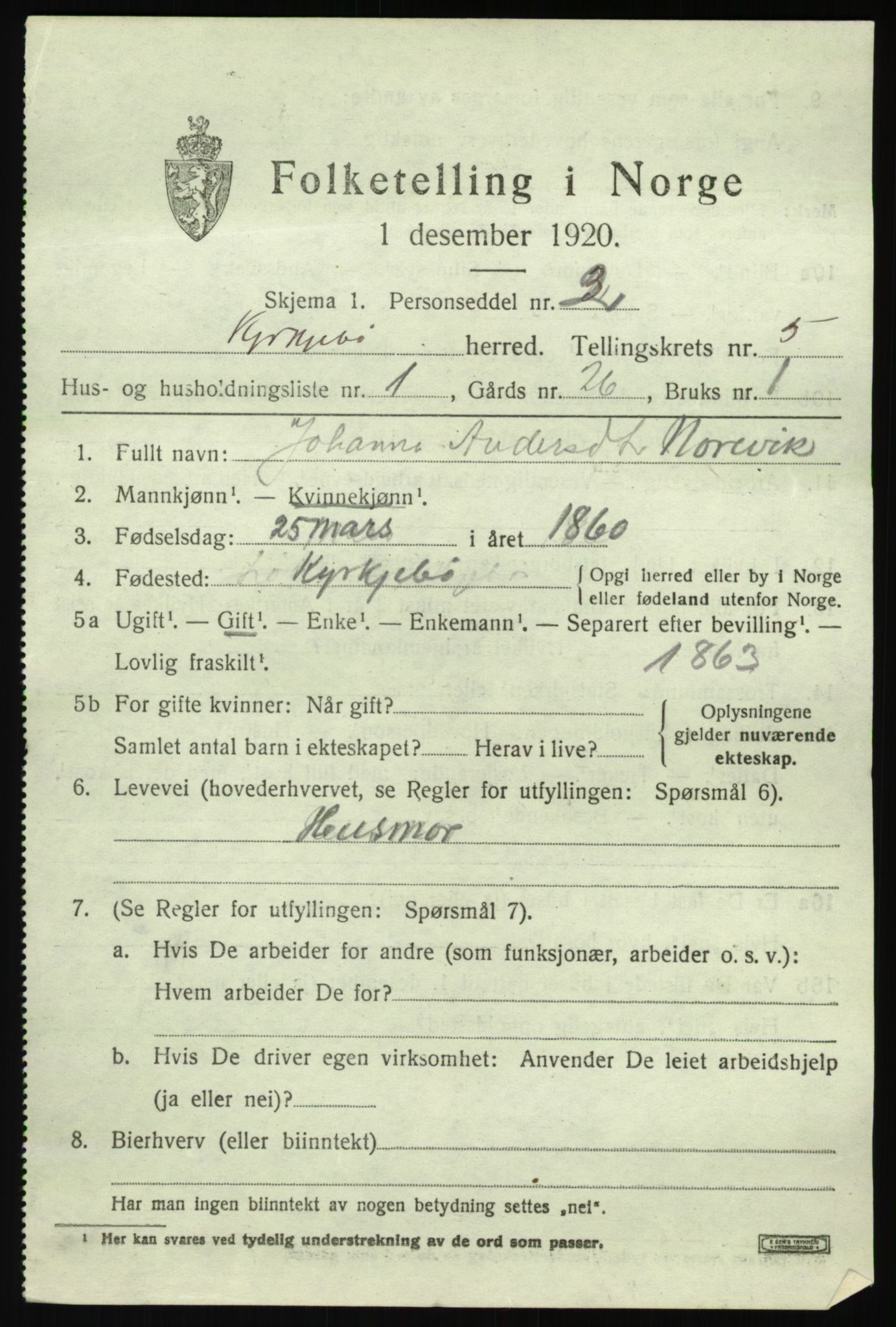 SAB, 1920 census for Kyrkjebø, 1920, p. 1787