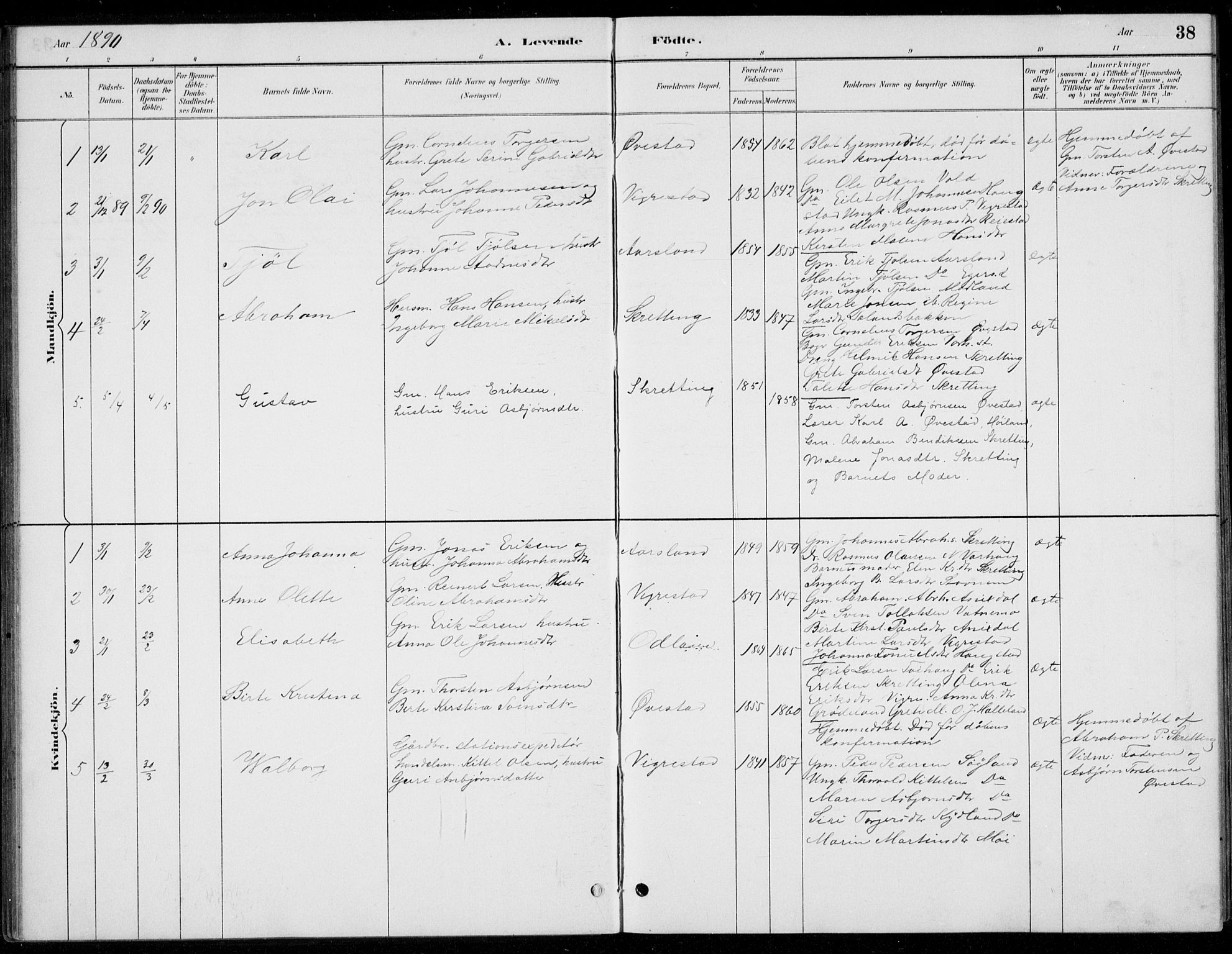 Hå sokneprestkontor, AV/SAST-A-101801/001/30BB/L0004: Parish register (copy) no. B 4, 1883-1899, p. 38