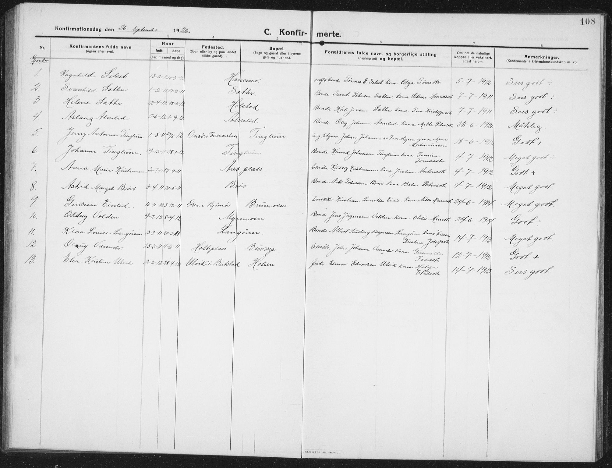 Ministerialprotokoller, klokkerbøker og fødselsregistre - Nord-Trøndelag, SAT/A-1458/742/L0413: Parish register (copy) no. 742C04, 1911-1938, p. 108