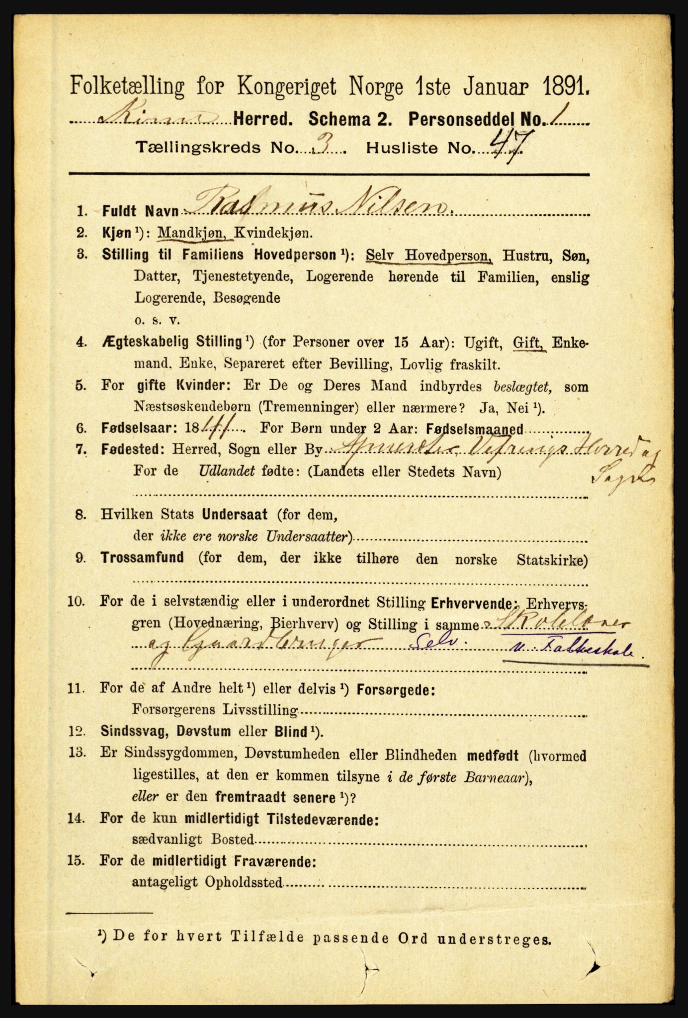 RA, 1891 census for 1437 Kinn, 1891, p. 1250