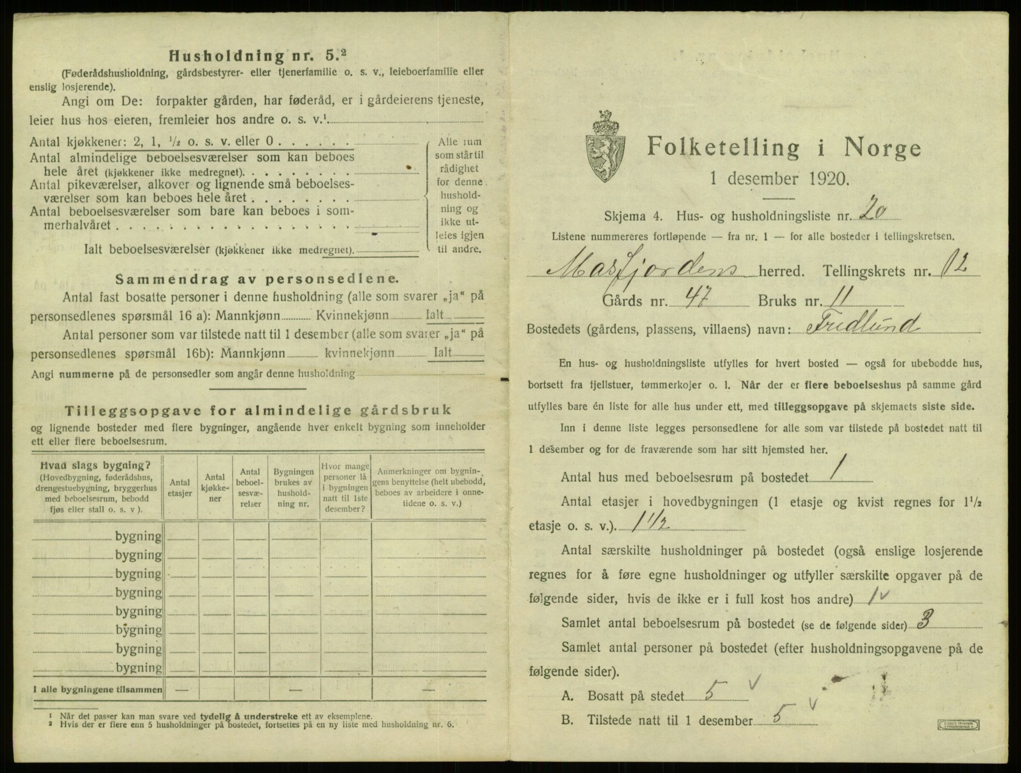 SAB, 1920 census for Masfjorden, 1920, p. 635