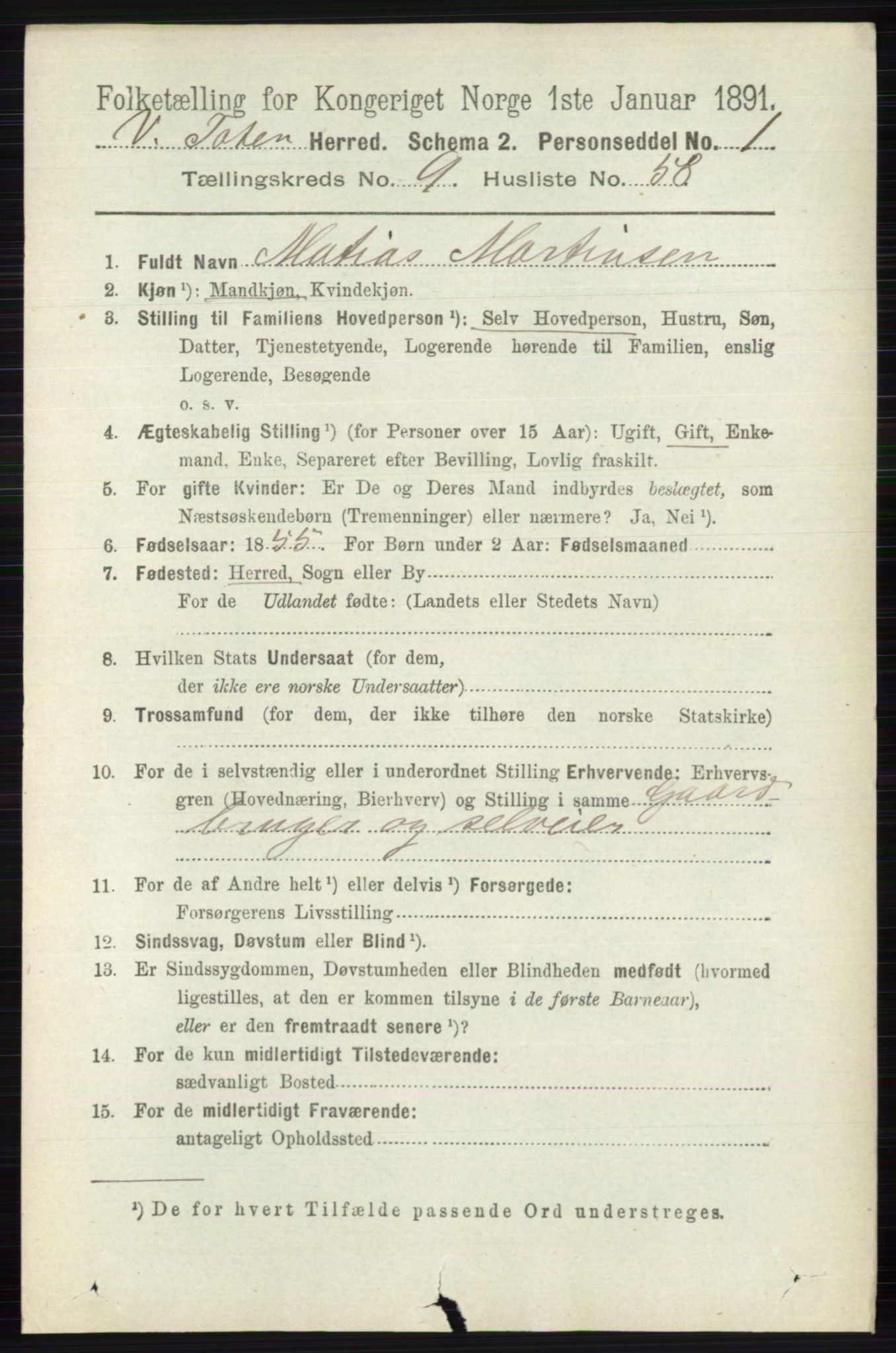 RA, 1891 census for 0529 Vestre Toten, 1891, p. 5914