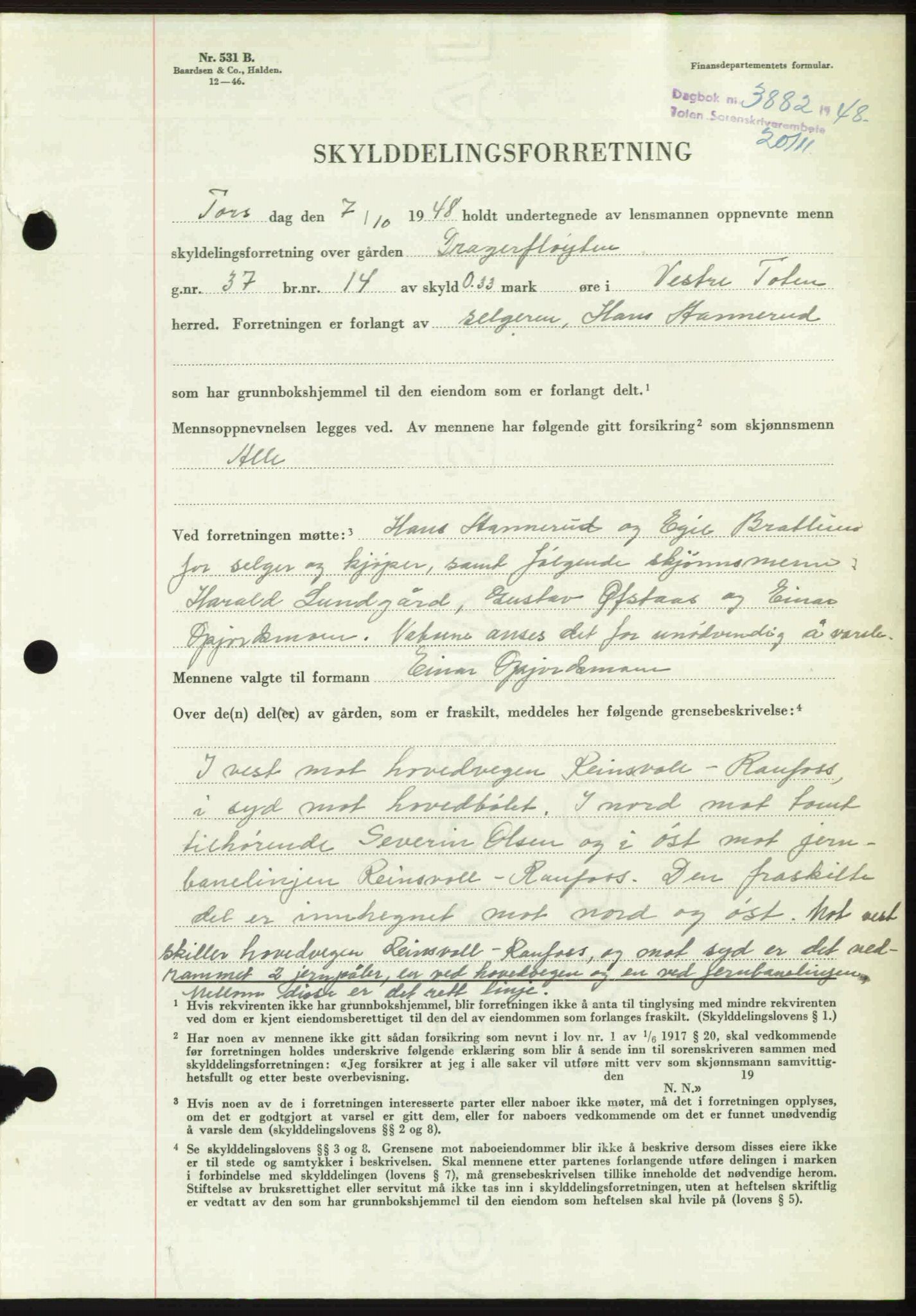 Toten tingrett, AV/SAH-TING-006/H/Hb/Hbc/L0021: Mortgage book no. Hbc-21, 1948-1949, Diary no: : 3882/1948