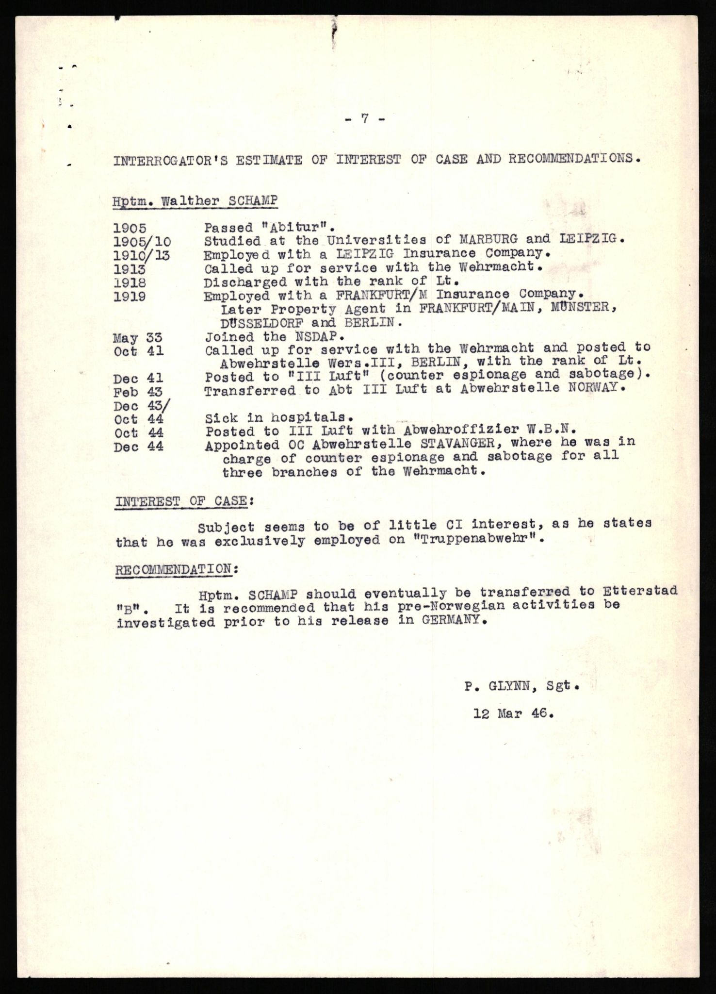 Forsvaret, Forsvarets overkommando II, RA/RAFA-3915/D/Db/L0029: CI Questionaires. Tyske okkupasjonsstyrker i Norge. Tyskere., 1945-1946, p. 57