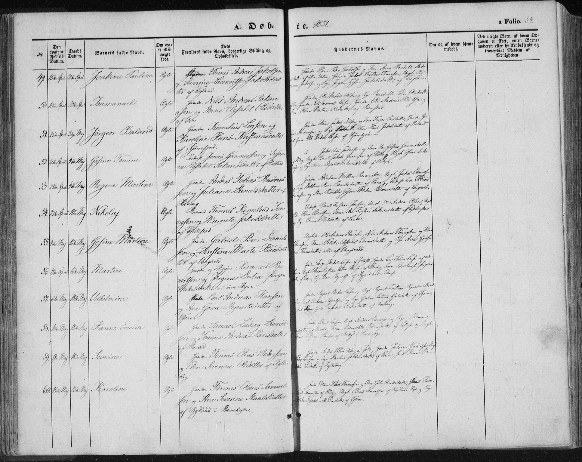 Lista sokneprestkontor, AV/SAK-1111-0027/F/Fa/L0010: Parish register (official) no. A 10, 1846-1861, p. 54