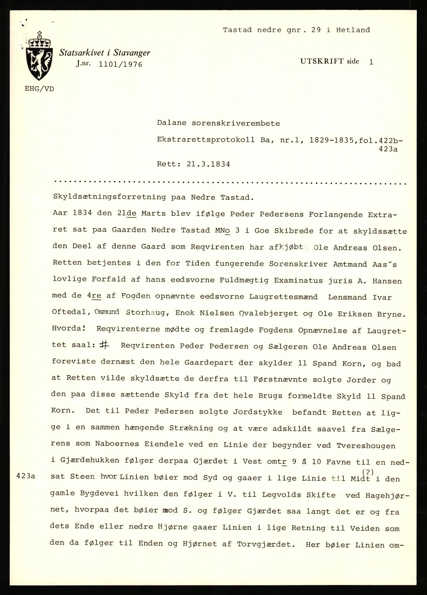Statsarkivet i Stavanger, AV/SAST-A-101971/03/Y/Yj/L0085: Avskrifter sortert etter gårdsnavn: Sørhus - Tastad øvre, 1750-1930, p. 506