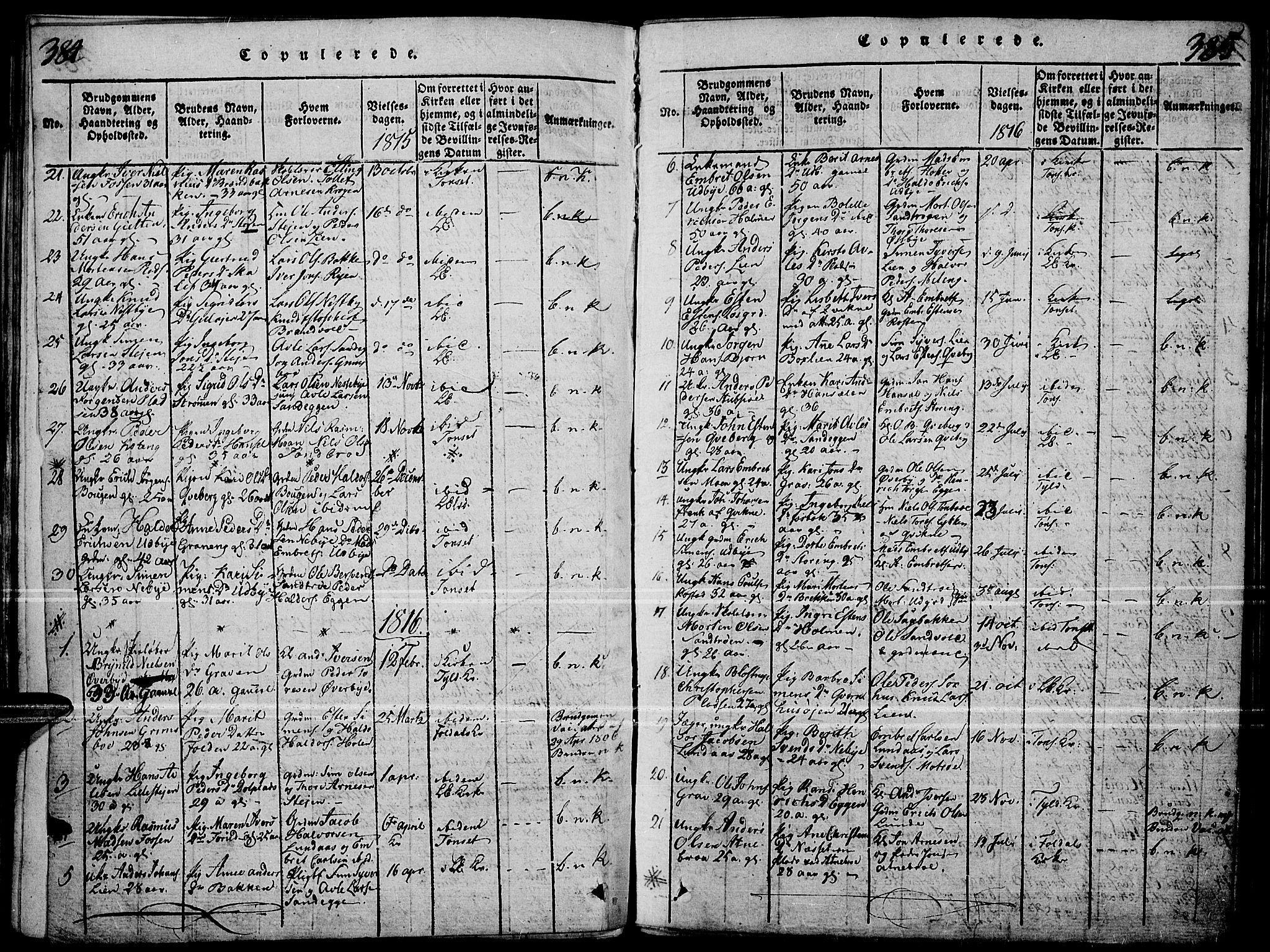 Tynset prestekontor, SAH/PREST-058/H/Ha/Haa/L0018: Parish register (official) no. 18, 1815-1829, p. 384-385