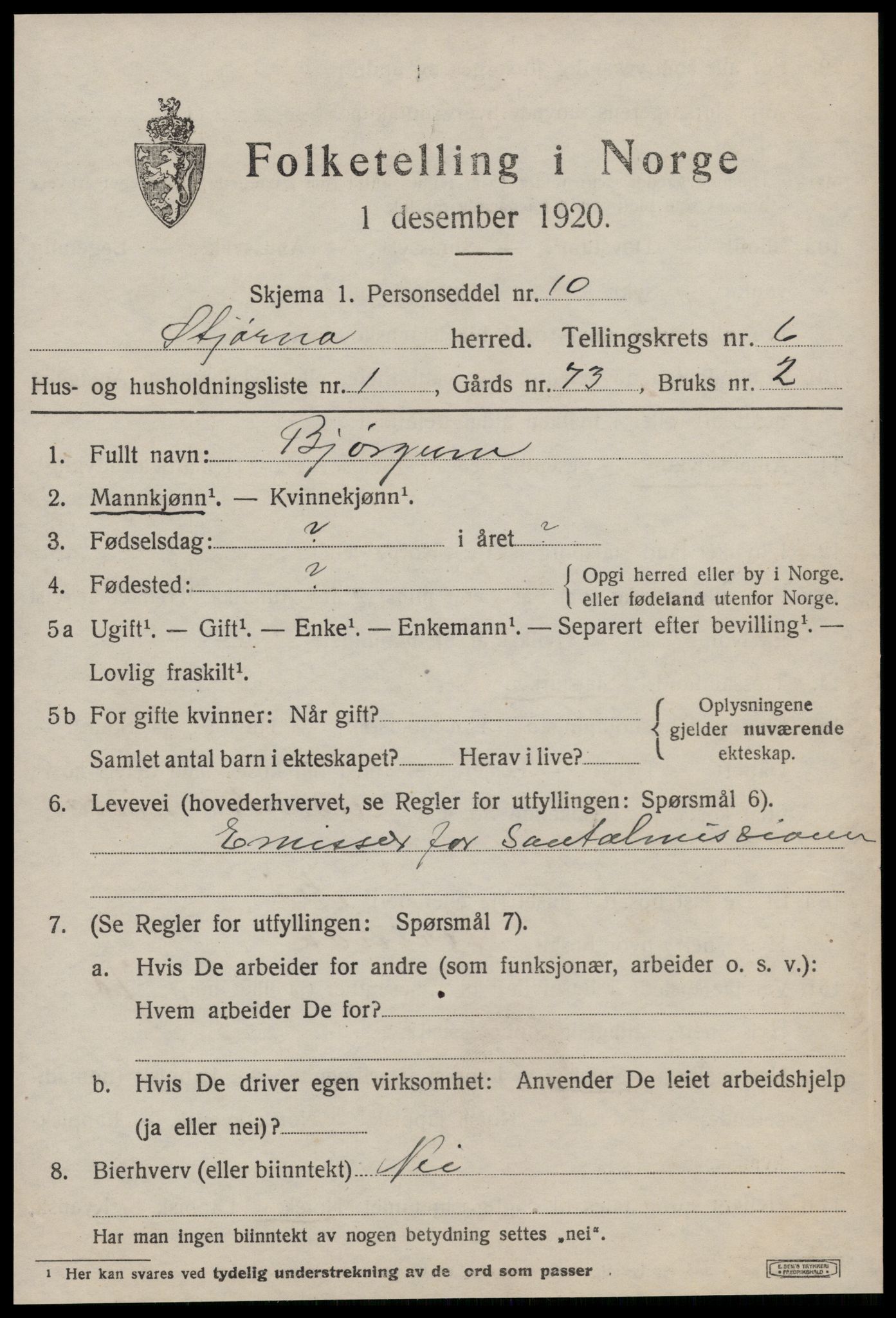 SAT, 1920 census for Stjørna, 1920, p. 4616